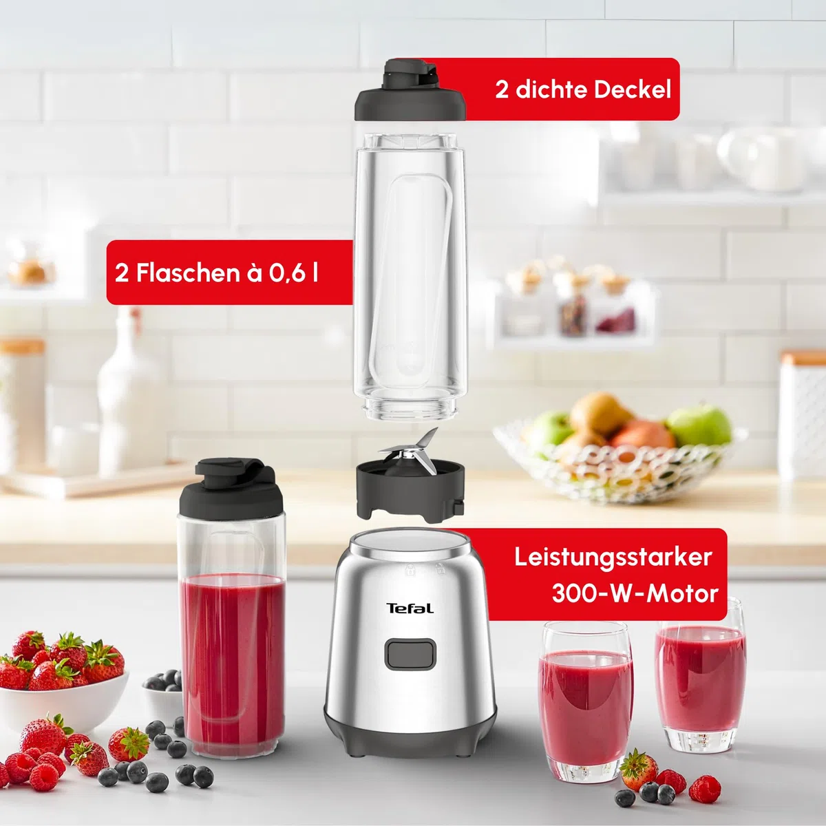Tefal Mix und Move Mini-Standmixer, 300 Watt, 2 Flaschen To-Go in Premium Tritan, kompaktes Design, einfach zu reinigen, abnehmbare Klingen, Einknopfbedienung, Silber/Grau, BL15FD