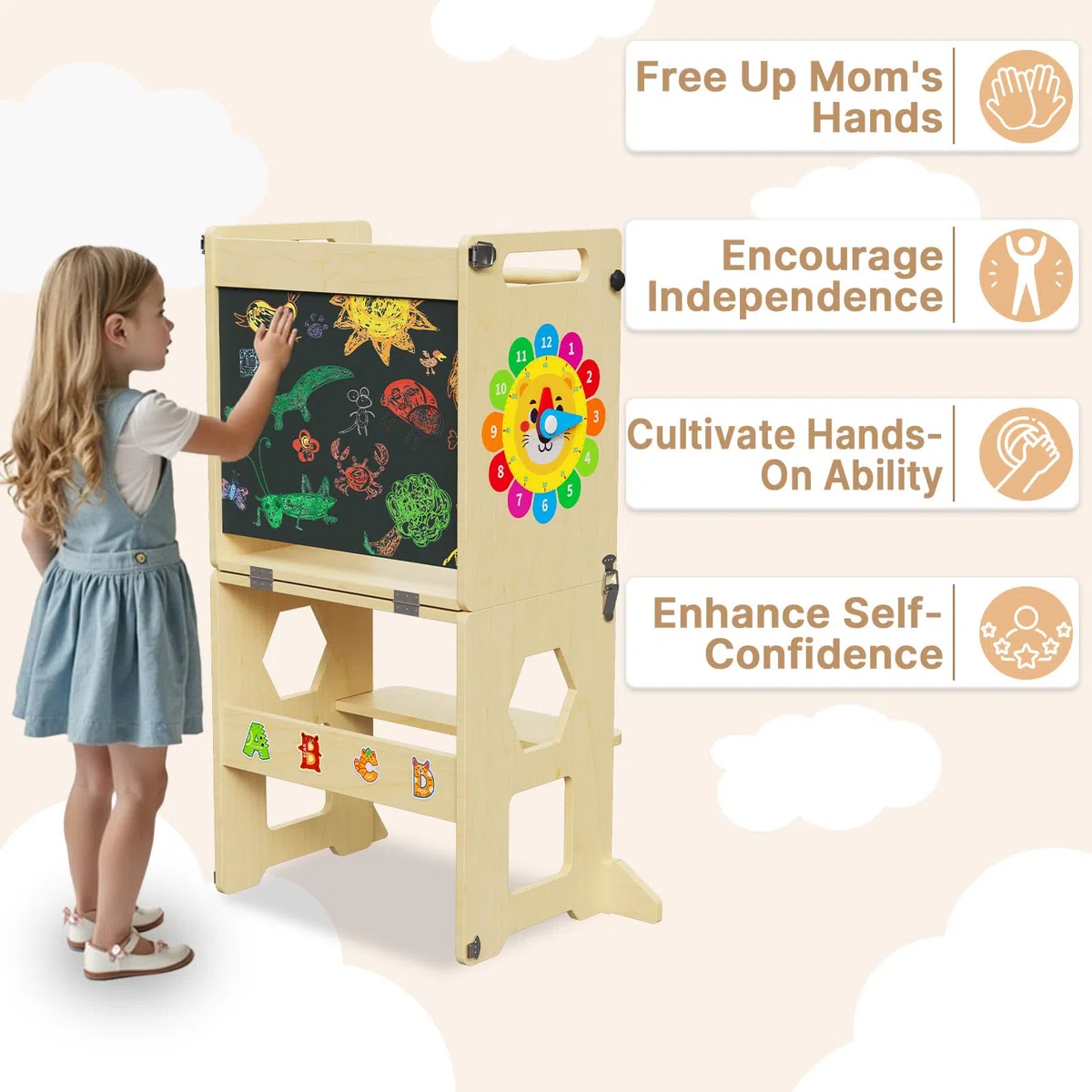Lernturm ab 1 Jahr | 4-in-1 Lernturm Klappbar für Kinder |Learning Tower mit Tafel und Lernuhr aus Holz | Küchenhocker für Kleinkinder | Aus Nachhaltigem Holz | Stabiler Montessori