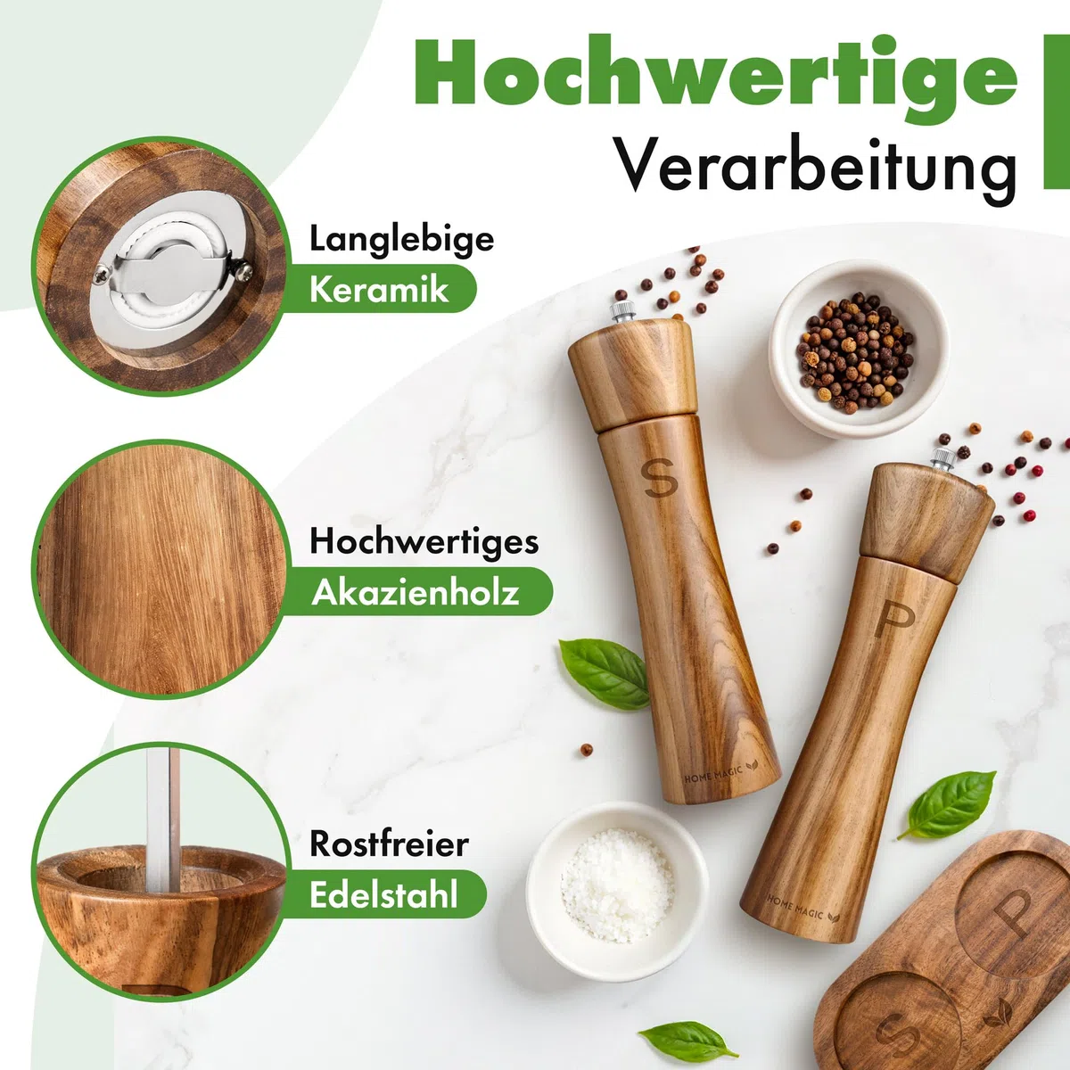 Pfeffermühle Holz – Premium Salz und Pfeffermühle 2er Set aus Akazienholz mit Untersetzer | Hochwertiges Keramikmahlwerk