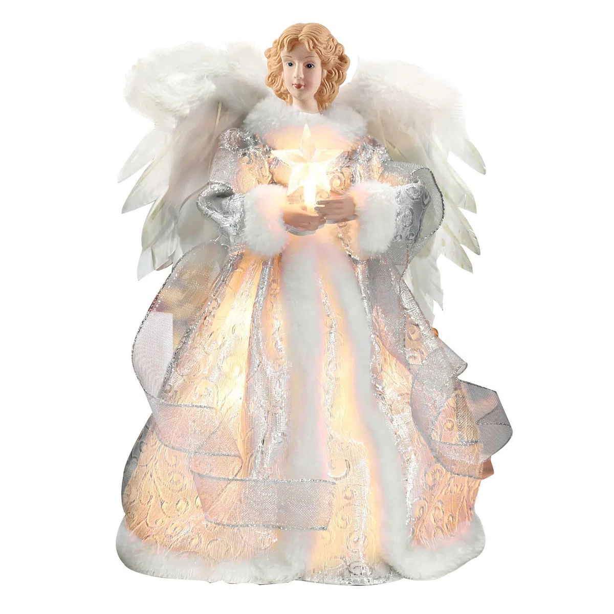 Tefola Engel-Baumkronen-Figur, 12.6 Zoll Engel Weihnachtsbaumspitze, LED-Weihnachtsbaumspitze, Die Weihnachtswerkstatt, Stern-Engel-Dekoration, Weihnachtsengel, schöne Weihnachtsdekoration (Silber)
