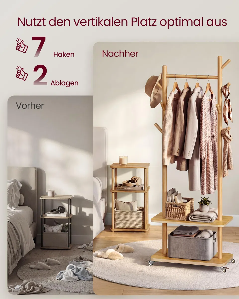 VASAGLE Garderobenständer, Kleiderständer, 7 Haken, 2 Ablagen, 4 drehbare und abnehmbare Rollen, Haken und Stange aus Massivholz, Flur, Schlafzimmer, Wohnzimmer, naturfarben RCR053YK01