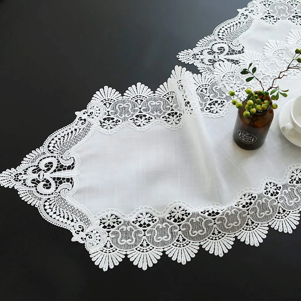 Elegant und luxuriös Gestickte Spitze Braun- weiße Spitze Leinengewebe Tischläufer Overlay Gestickte Blumenspitze Stoff Tischläufer (Blanc,50 * 240cm)