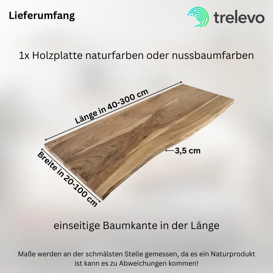 Holzplatte nach Maß 40-200 x 20-100 cm, Akazienholz massiv 35mm, naturfarben/nussbaumfarben, individueller Zuschnitt, Baumkantenplatte für Bastler und Heimwerker