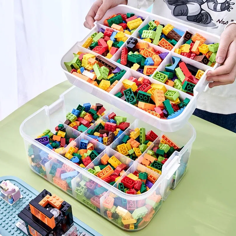 Dreifach Aufbewahrungsbox für Lego Bausteine Ablagefächer Stapelbar Kisten Spielzeug Aufbewahrung mit Deckel Stapelboxen Kunststoff Sortierboxen Kleinteile Transparent (box only)