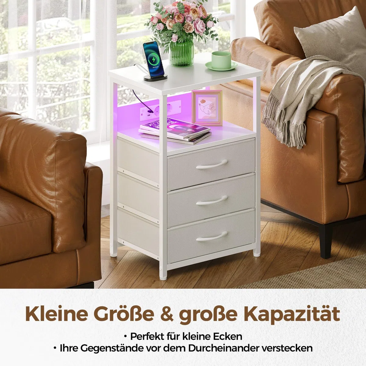 Rolanstar Nachttisch mit LED, Nachtschrank mit 3 Schubladen, Beistelltisch mit Ladefunktion, Platzsparend & Einfach Montiert für Schlafzimmer, Geeignet für Wohnzimmer, Weiß 2pcs