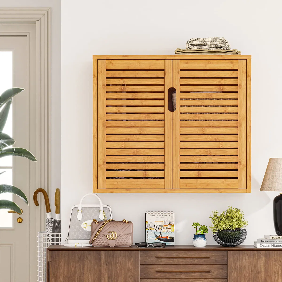 VIAGDO Badezimmerschrank Hängend Bambus Wandschrank, Hängeschrank Küchenschrank Badezimmer Regal Medizinschrank mit höhenverstellbarer Regalebene, Badschrank Wandmontage, Wandregal, 20.7x59x51cm