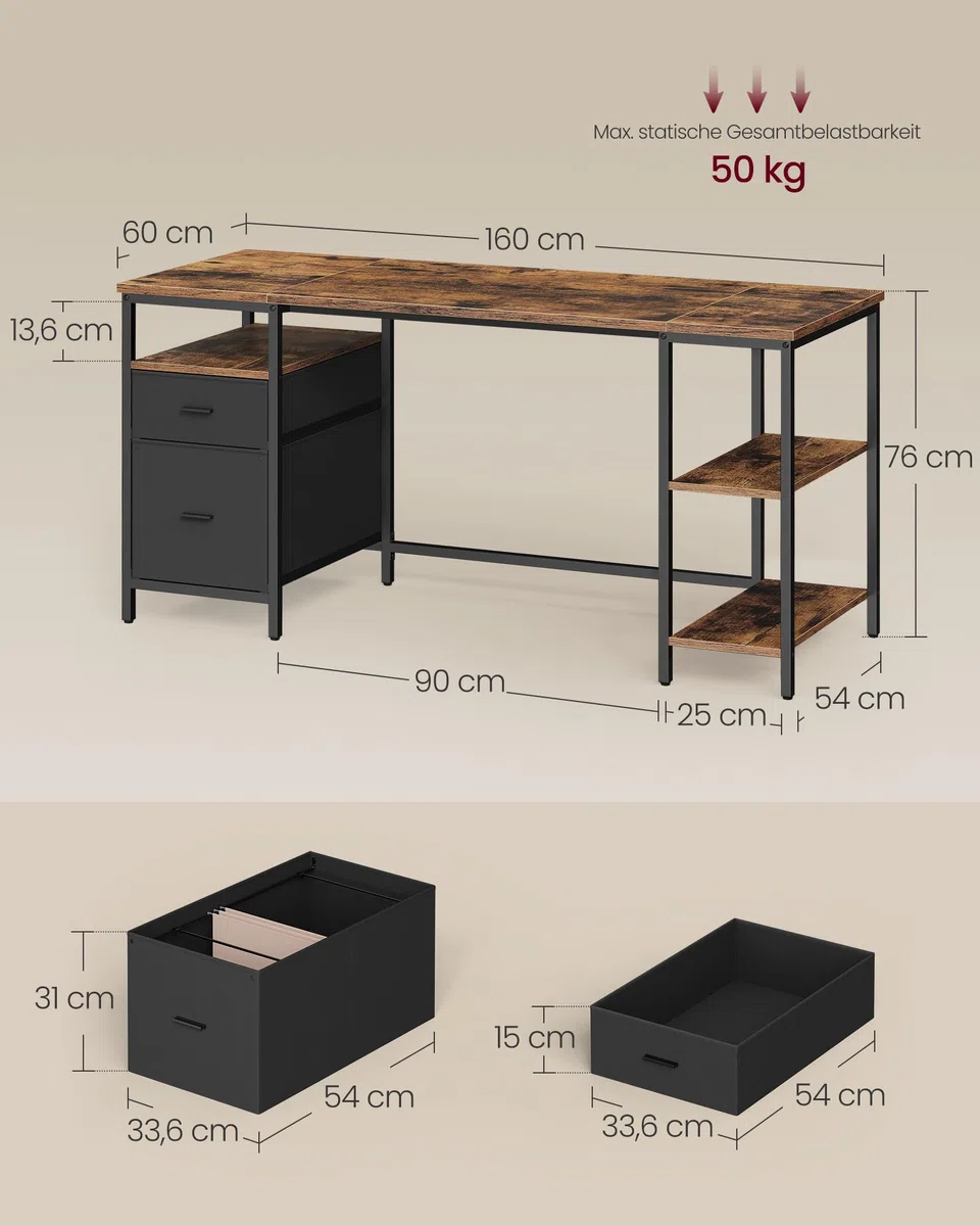 VASAGLE Computertisch, Bürotisch, Schreibtisch, mit 3 Ablagen, 2 Schubladen, 160 x 60 x 76 cm, fürs Büro, Wohnzimmer, Industrie-Stil, vintagebraun-schwarz LWD105K01