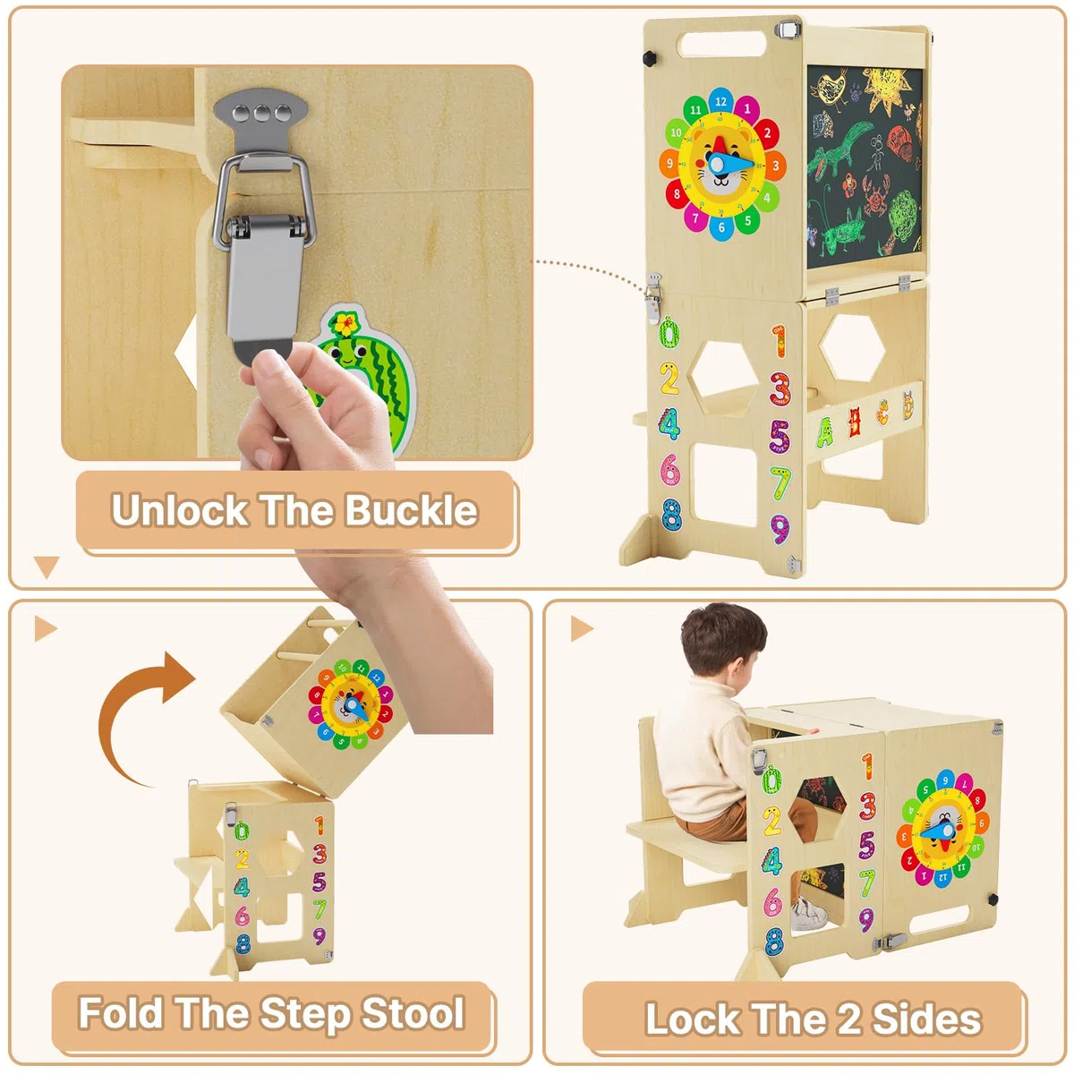 Lernturm ab 1 Jahr | 4-in-1 Lernturm Klappbar für Kinder |Learning Tower mit Tafel und Lernuhr aus Holz | Küchenhocker für Kleinkinder | Aus Nachhaltigem Holz | Stabiler Montessori
