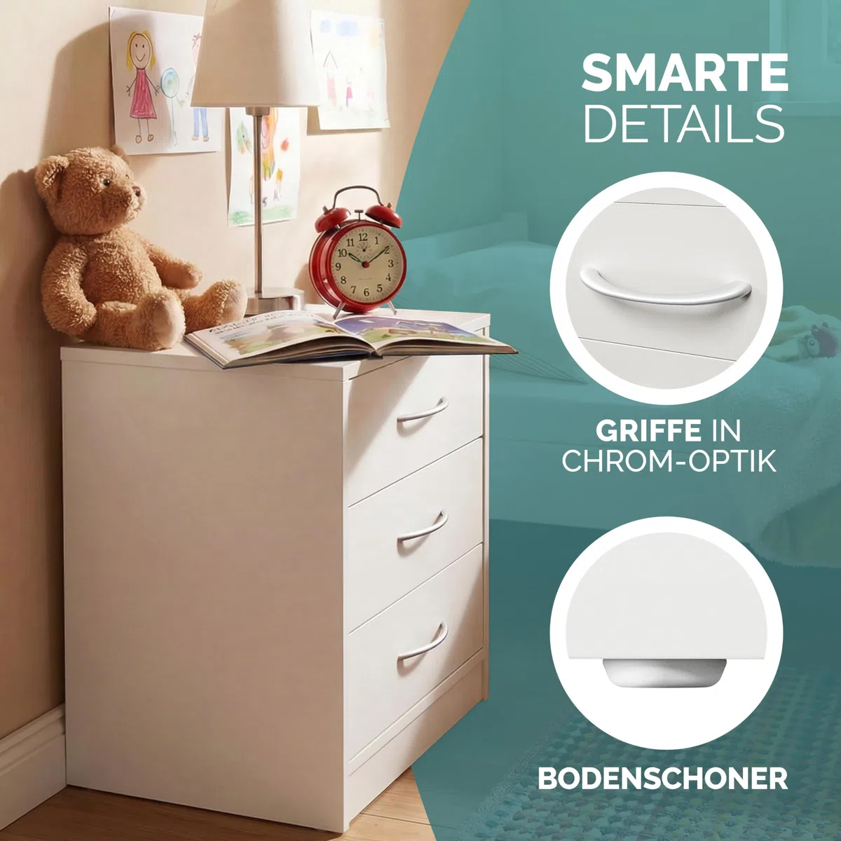 Casaria® Nachttisch Weiß LED 3 Schubladen Kabelführung Wandbefestigung Boxspringbett Schlafzimmer Nachtschrank Nachtkonsole Nachtkommode Holz 54x39x28cm