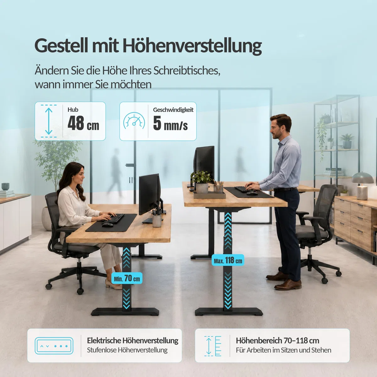 POKAR Höhenverstellbares Eck-Schreibtischgestell Elektrisch | Winkel 0 bis 90 Grad, Höhe 70 bis 118 cm | Memory-Panel mit USB-C und USB-A | Gestell für Steh-Sitz-Tisch Home Office | Schwarz