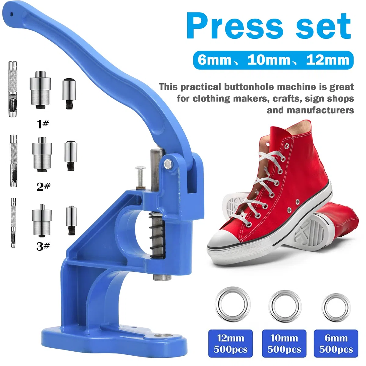Ösenpresse Set, Aluminium Handpresse Ösenmaschine Ösenstanze Eyelet Grommet Machine mit 3 Stanzformen und 1500 Ösen (6/10/12mm) für Stoff Leder Nieten Knöpfe Nieten (Blau)