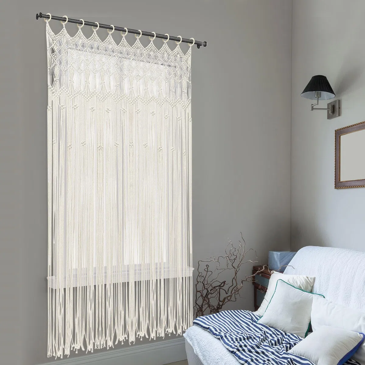 Makramee Vorhang Tür– Handgefertigter Makramee Türvorhang im Boho Stil, 120x195cm, Fadenvorhang Boho Vorhang für Balkontür oder Fenster, Dekoration für Schlafzimmer, Hochzeiten