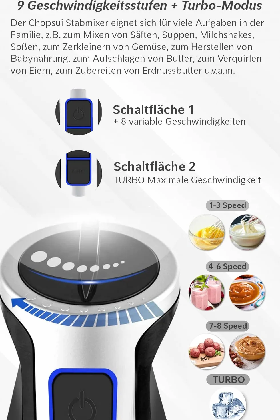 Lehmann Stabmixer Set Chopsui 1200 W | Pürierstab mit Turbofunktion und Geschwindigkeitsregelung | Elektrische Multifunktions Hand Blender | inkl. 9-teiliges Zubehör Set