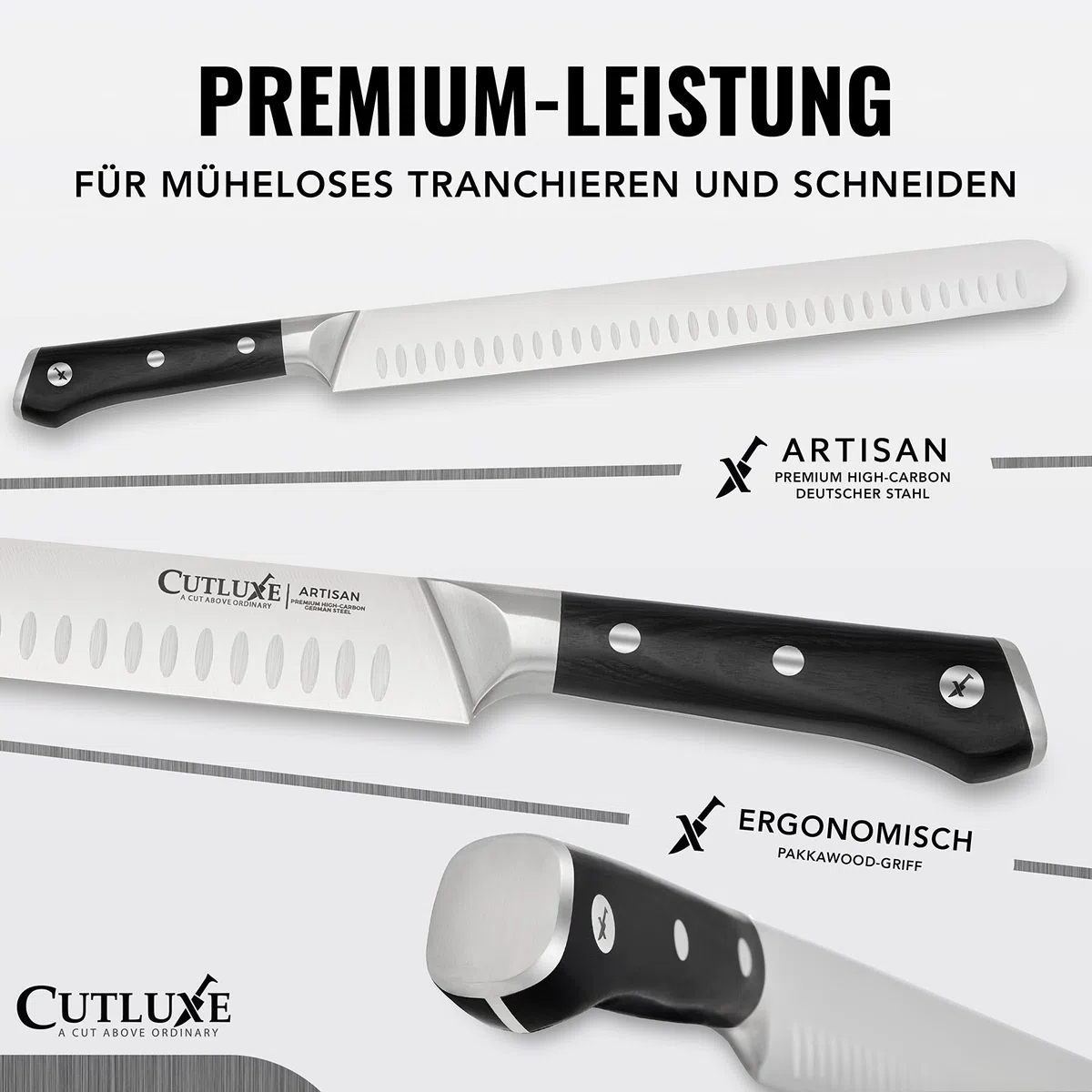 Cutluxe Dönermesser Schinkenmesser – 30cm Tranchiermesser, Fleisch- und BBQ Messer– Deutschem Stahl, Volltang & ergonomisches Griffdesign mit Scheide – Artisan Serie