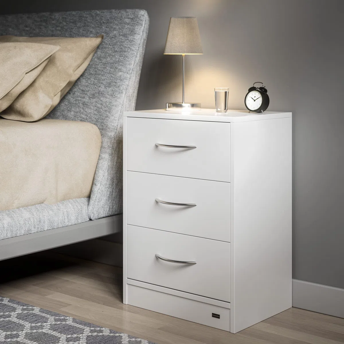 Casaria® Nachttisch Weiß LED 3 Schubladen Kabelführung Wandbefestigung Boxspringbett Schlafzimmer Nachtschrank Nachtkonsole Nachtkommode Holz 54x39x28cm