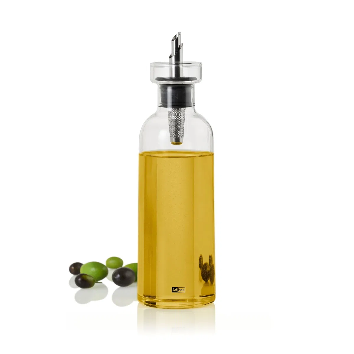 AdHoc BZ82 Ölspender oder Essigspender AromaPour aus Borosilikatglas | elegante Olivenölflasche mit Ausgießer aus Edelstahl | ideal auch für Kürbiskern-Öl oder Essig | luftdicht, 500 ml