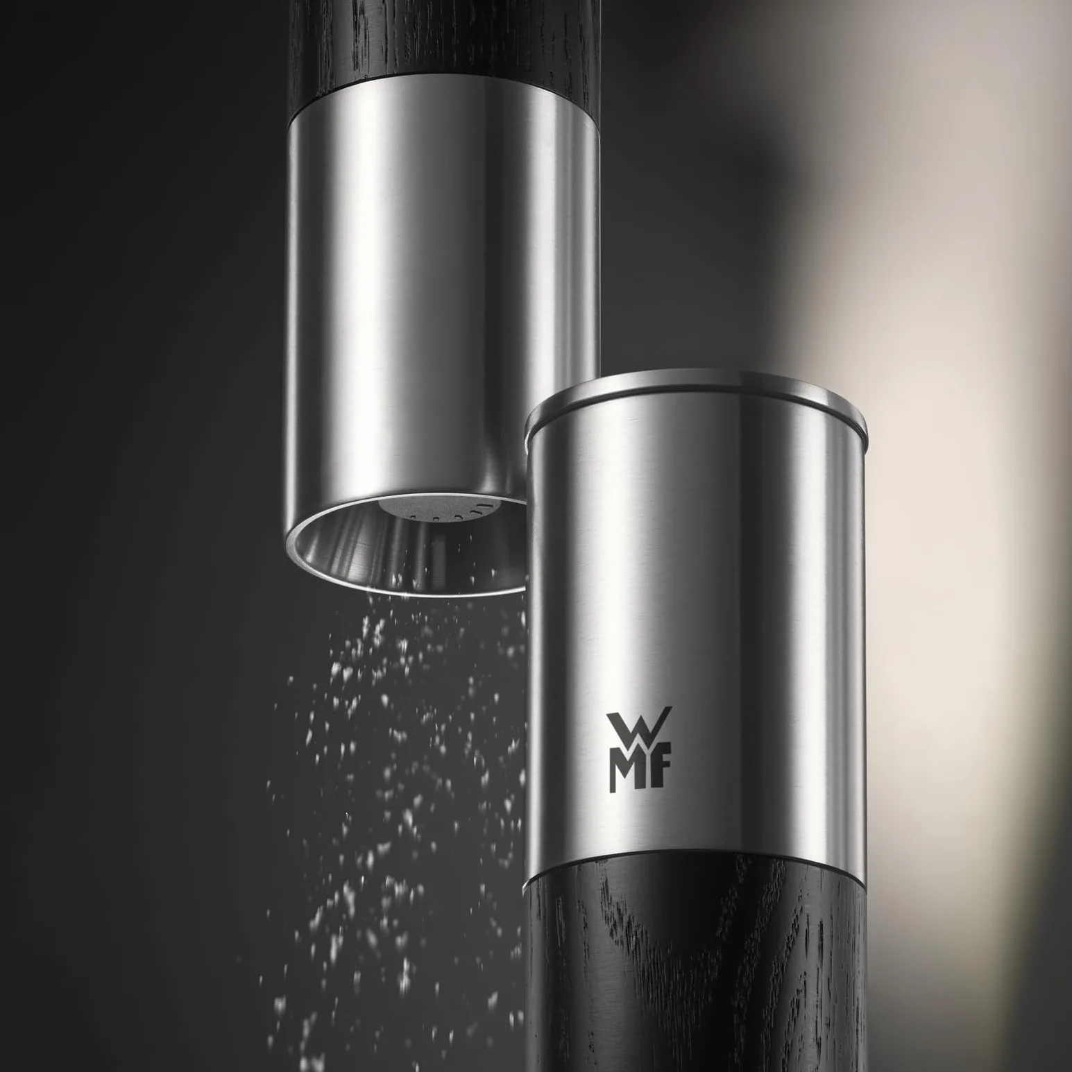WMF Nature Pro Gewürzmühle – Salz- und Pfeffermühle mit Keramikmahlwerk, einstellbarem Mahlgrad, leicht befüllbar, Aromaschutzdeckel, Edelstahl & schwarzes Holz, manuell