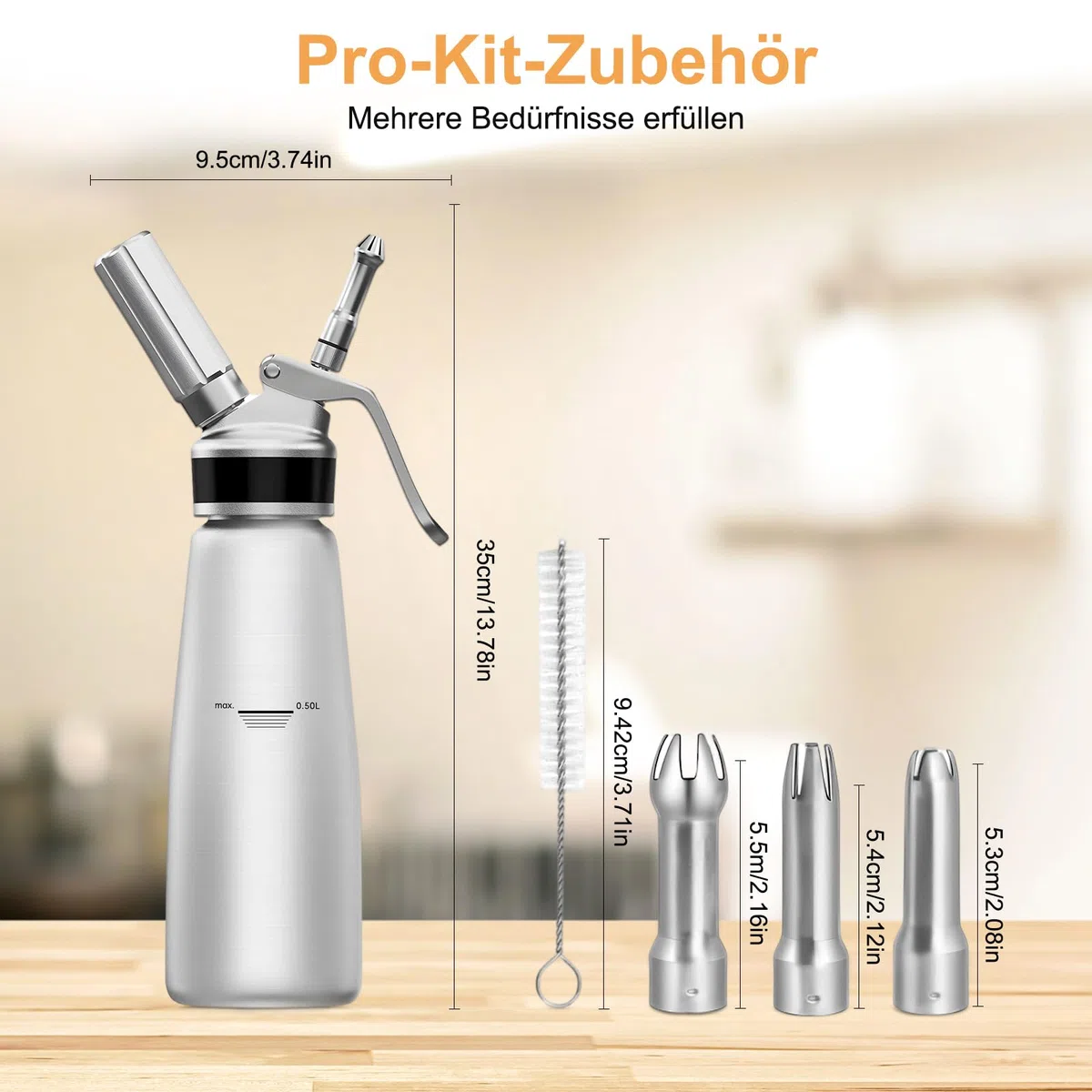 Aluminium Sahnespender, Auslaufsicher, mit Sahnekapseln & Reinigungsbürste, 500 ml