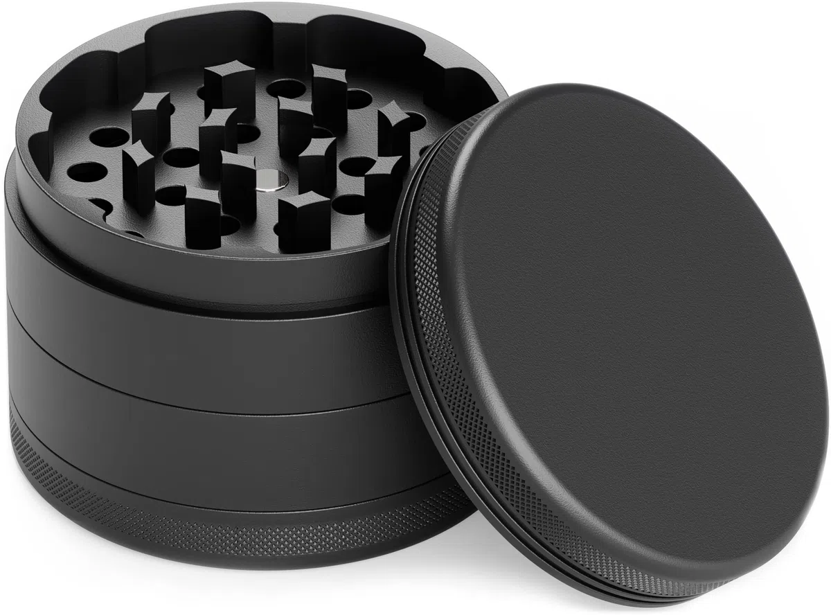Keramik Grinder Crusher Haftfrei | 4-teilig | Nano Keramik beschichtete Kräutermühle | Ø 63 mm | inkl. Tragetasche, Pollenschaber, Pinsel und Mundstück