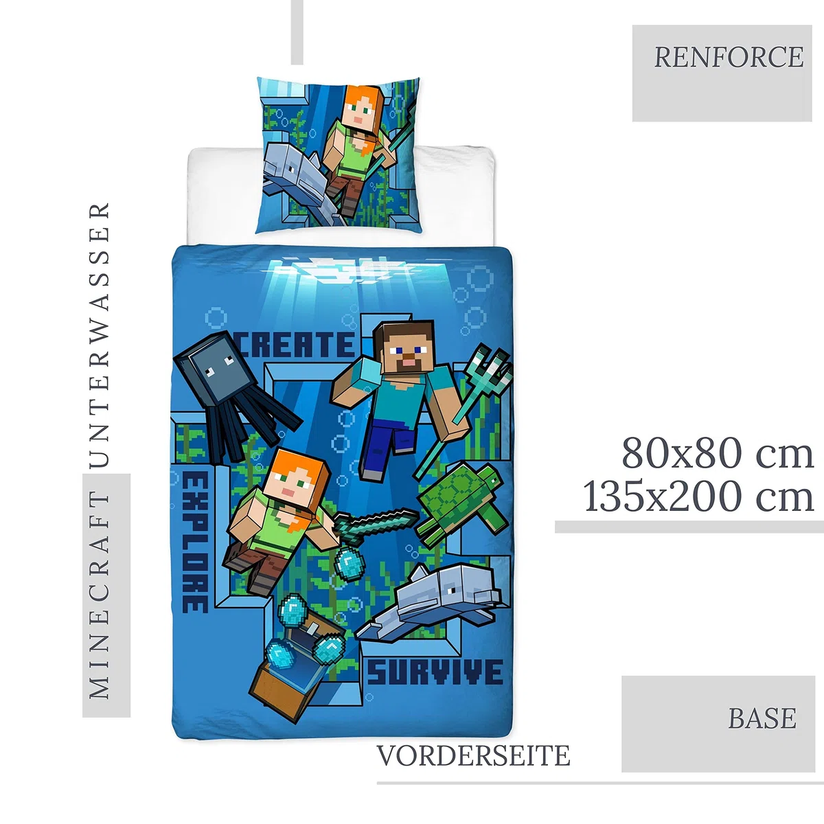 Minecraft Bettwäsche Kinderbettwäsche Jugendbettwäsche 135x200 · Unterwasserwelt · Wende Motiv · Kissenbezug 80x80 + Bettbezug 135x200 cm · 100% Baumwolle · deutsche Größe