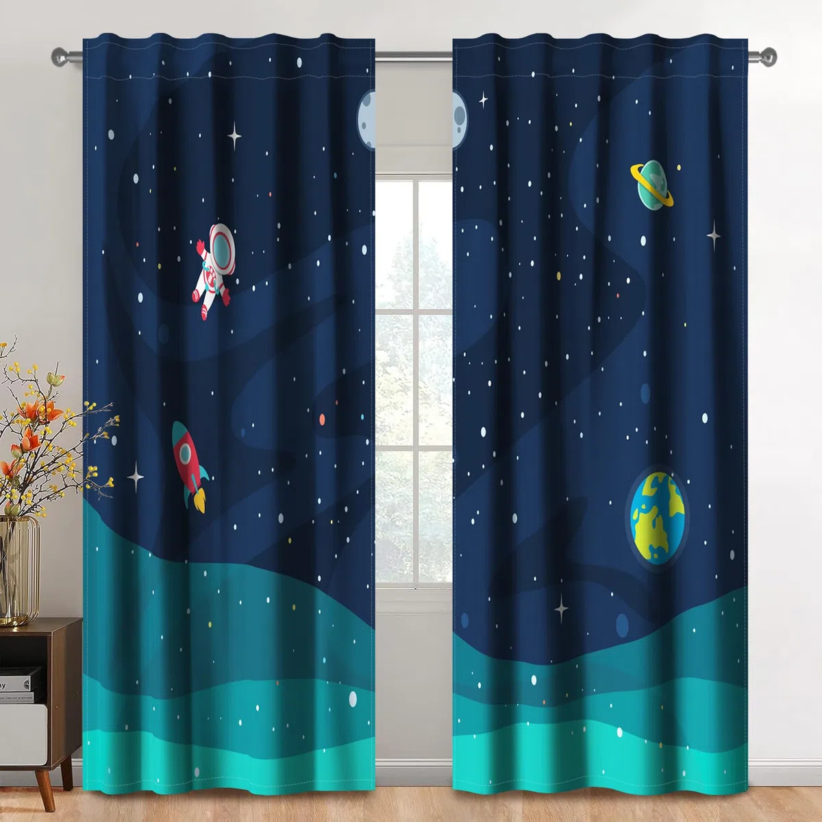 107x160cm Weltraum Vorhänge 2 Paneele, Astronaut Rakete Erde Planeten Galaxie verträumte Fenstervorhänge, Fantasie dunkelblaues Dekor für Kinder Jungen, Schlafzimmer, Wohnzimmer, Kinderzimmer