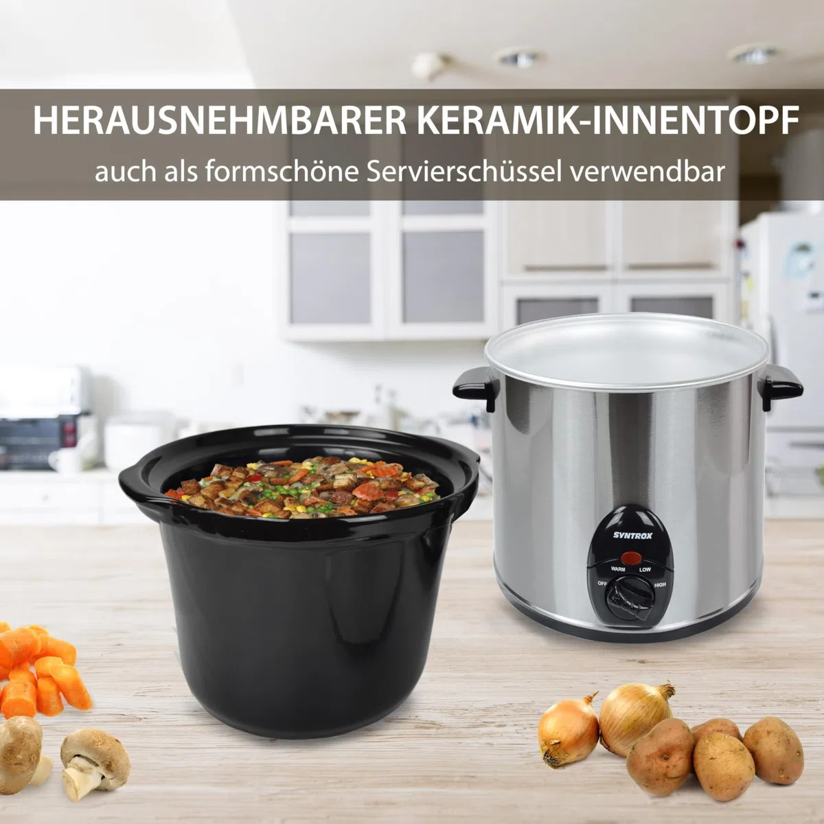Syntrox Germany 3,0 l Slow Cooker | Schmortopf | Schongarer | Multikocher Delira, Edelstahl, Warmhaltefunktion, Keramik Servierschüssel, rutschsichere Standfüße, Spülmaschinengeeignet
