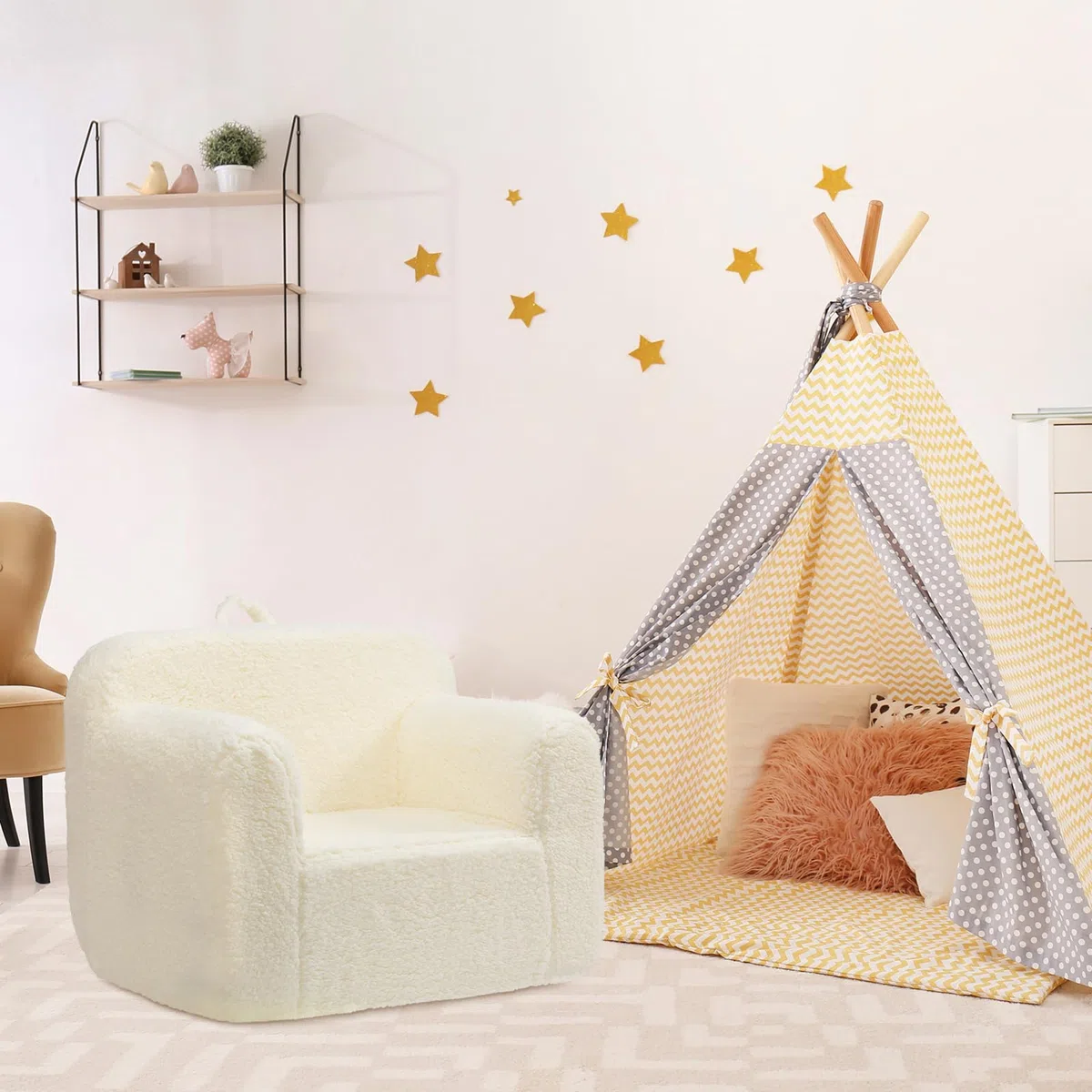 BEJOY Kindersofa - Ultra-Weicher Schaumstoff Gefüllter Kindersessel, Kuscheliger Sherpa Lesecouch für Mädchen und Jungen - Creme