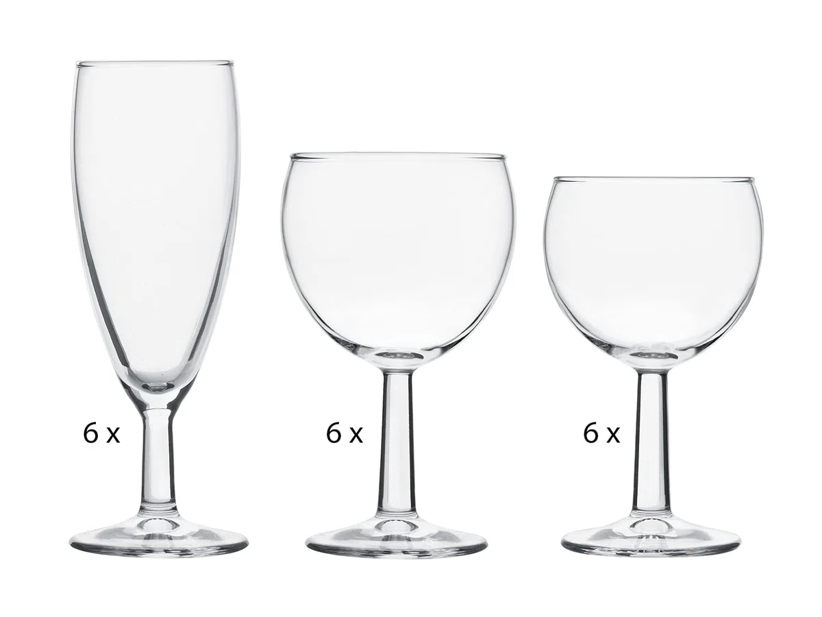 Pasabahce Banquet Set 18 Calici in Vetro. Composto da 6 Calici Acqua cl 19,5, 6 Calici Vino cl 15,2, 6 Calici Flöte cl 15,5 cl.