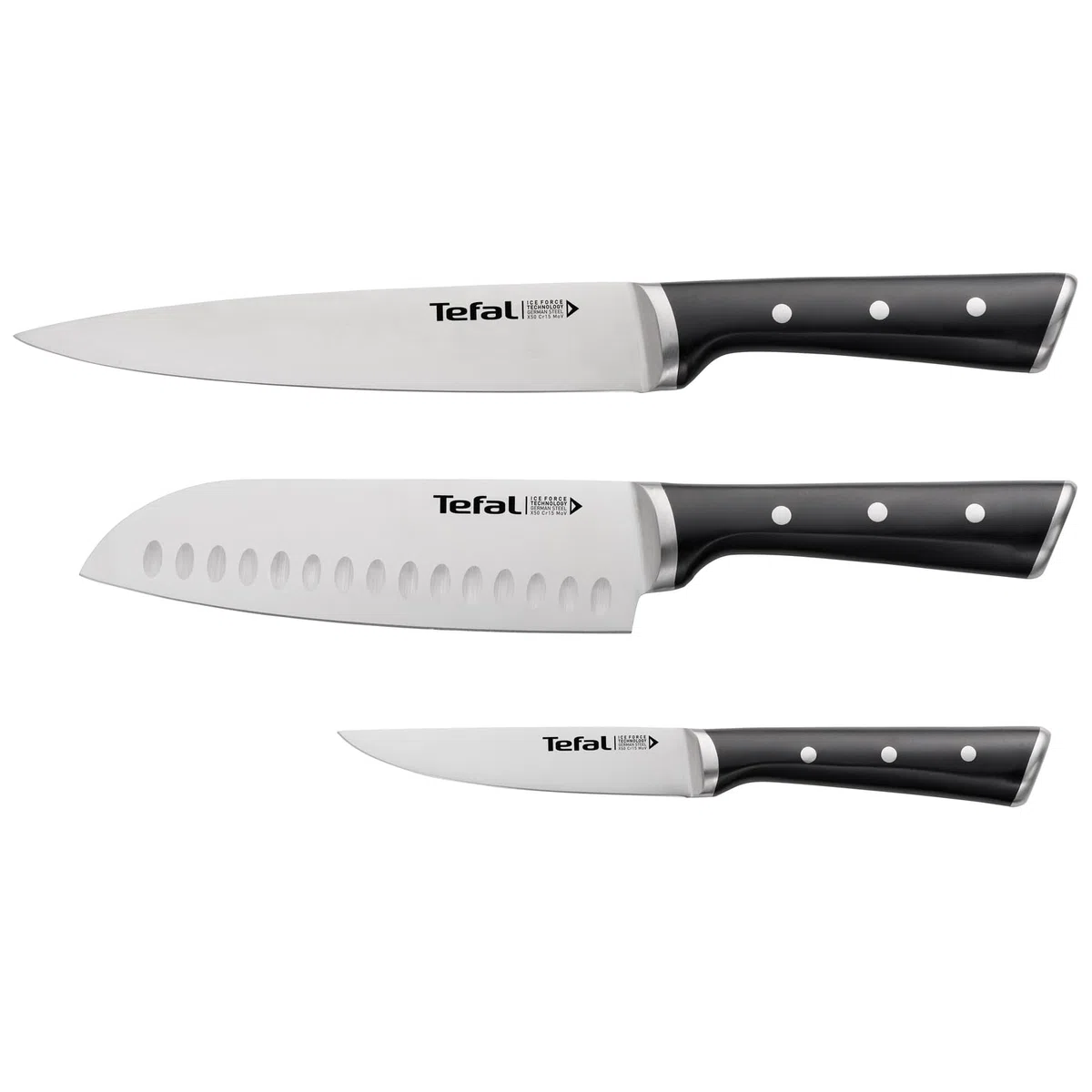 Tefal Ice Force 3-teiliges Messerset, Fleischmesser 20 cm, Santokumesser 18 cm, Universalmesser 11 cm, deutscher Edelstahl, lang anhaltende Schneidleistung und Schärfe, Edelstahl/Schwarz, K232S374