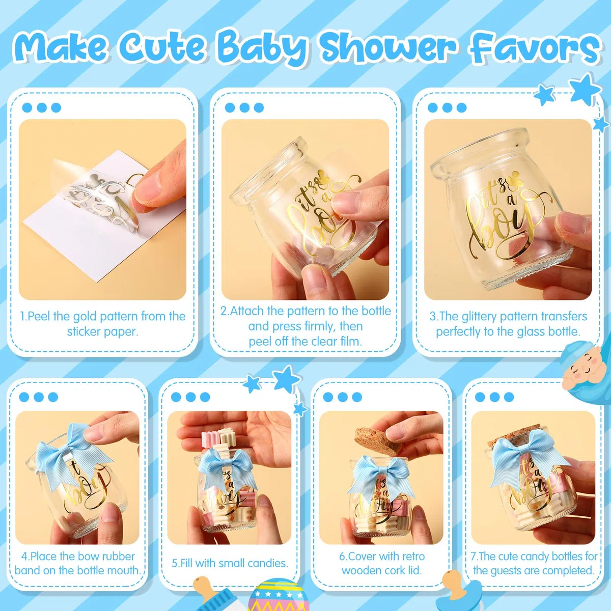 Funnymoom Glasflaschen für Babypartys, 100 ml, Milchglas mit Bändern und Aufklebern, Dekorationen für das Geschlecht, für Neugeborene, Partygeschenk, Blau, 24 Sets