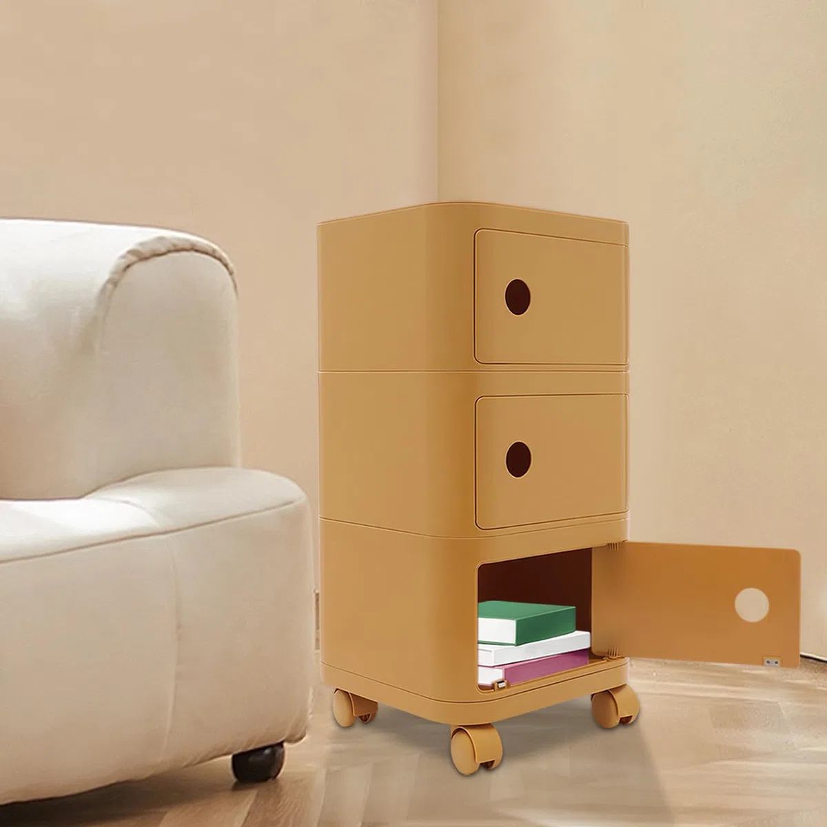 Rollcontainer, Rollcontainer mit 3 Schubladen, Aktenschrank unter Schreibtisch, Büroschrank mit Rollen, für Büro und Zuhause (Ingwergelb)