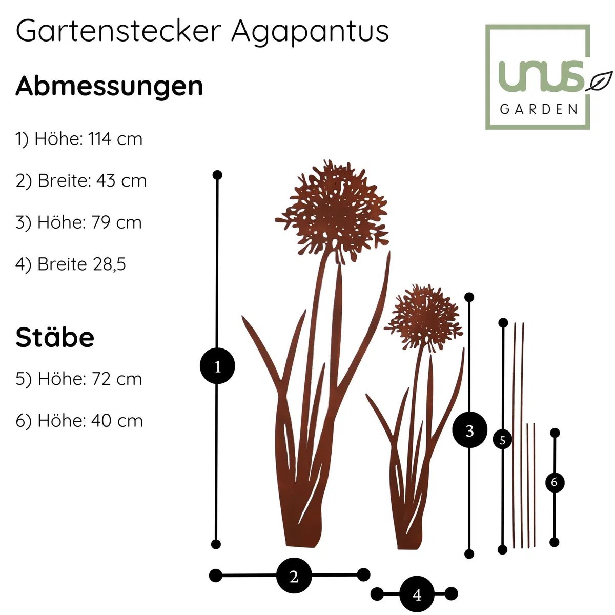 UNUS Gartenstecker Agapantus 2er Set Gartendeko Rostoptik, Roststecker Rost Deko für Garten Terrasse Balkon Blumentopf