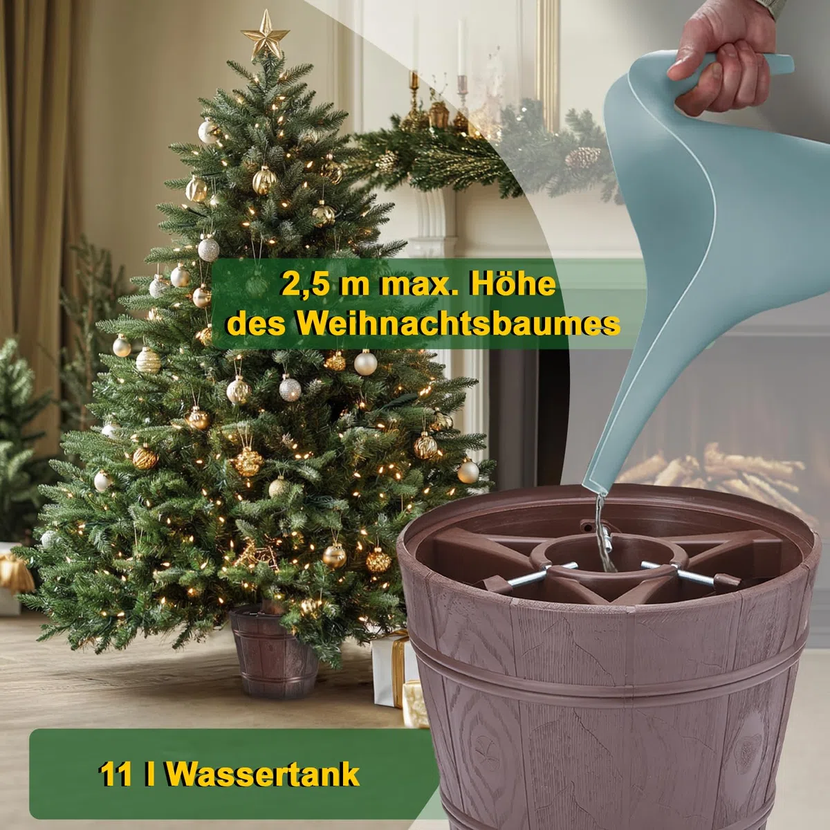 Weihnachtsbaumständer Ø 29 cm | Christbaumständer für Bäume bis Ø 9 cm - 2,5 m | Tannenbaumständer mit Baumdünger für stabile und langlebige Weihnachtsdeko, verlängert die Frische des Baumes | Braun