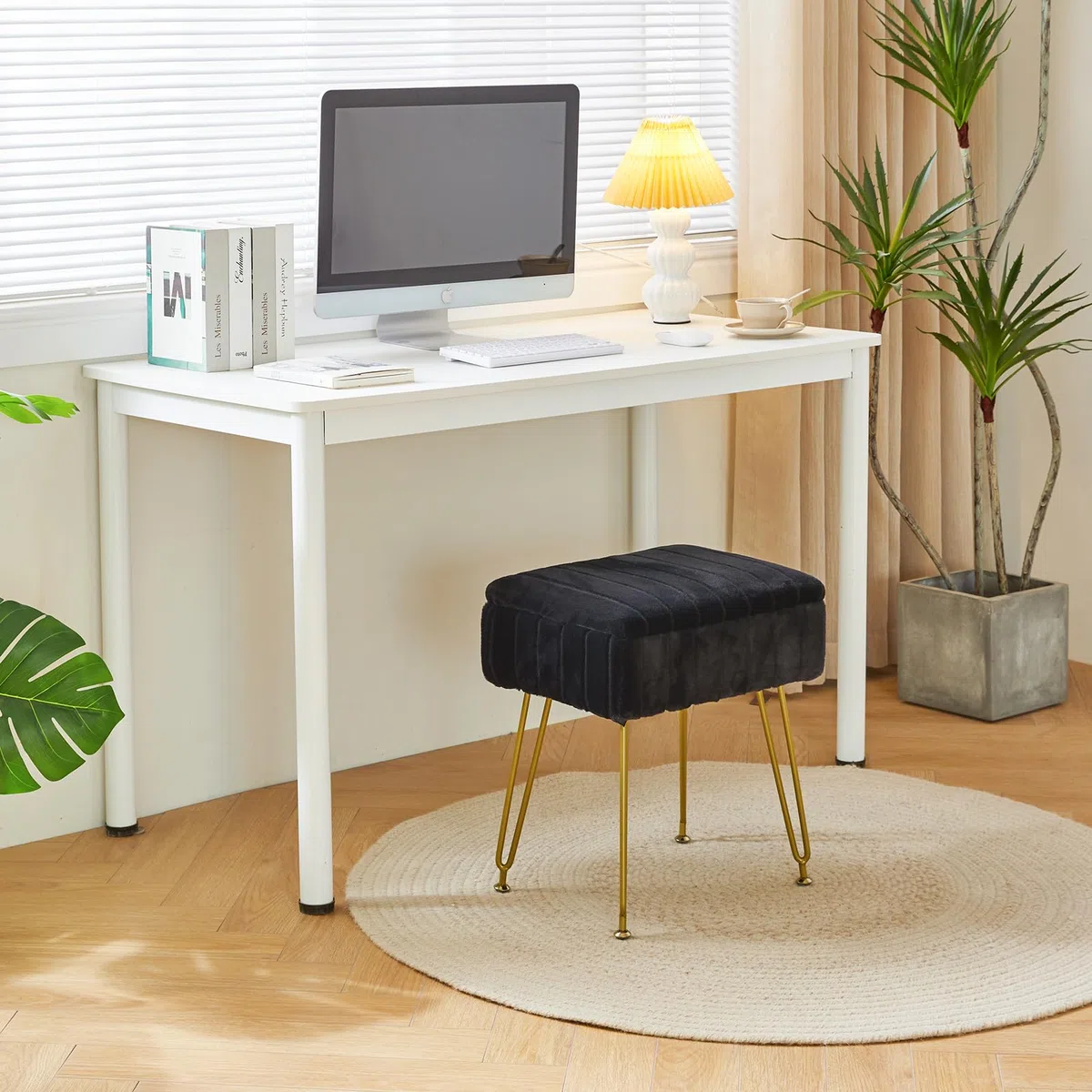 IBUYKE Samt Hocker Stuhl mit Stauraum, Fußstütze Fußhocker Ottoman, Kleiner Beistelltisch, mit 4-Metallbeinen, mit Anti-Rutsch-Füßen, für Make-up Raum, Schlafzimmer, schwarz L/G-50B