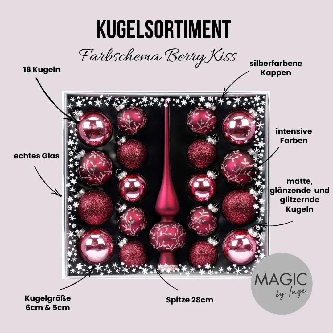MAGIC Kugelsortiment Glas Dekor 19 TLG. mit Spitze Christbaumkugeln Christbaumschmuck Tannenbaum Deko Weihnachten Weihnachtskugeln Farbe: Berry Kiss Beere Glanz matt