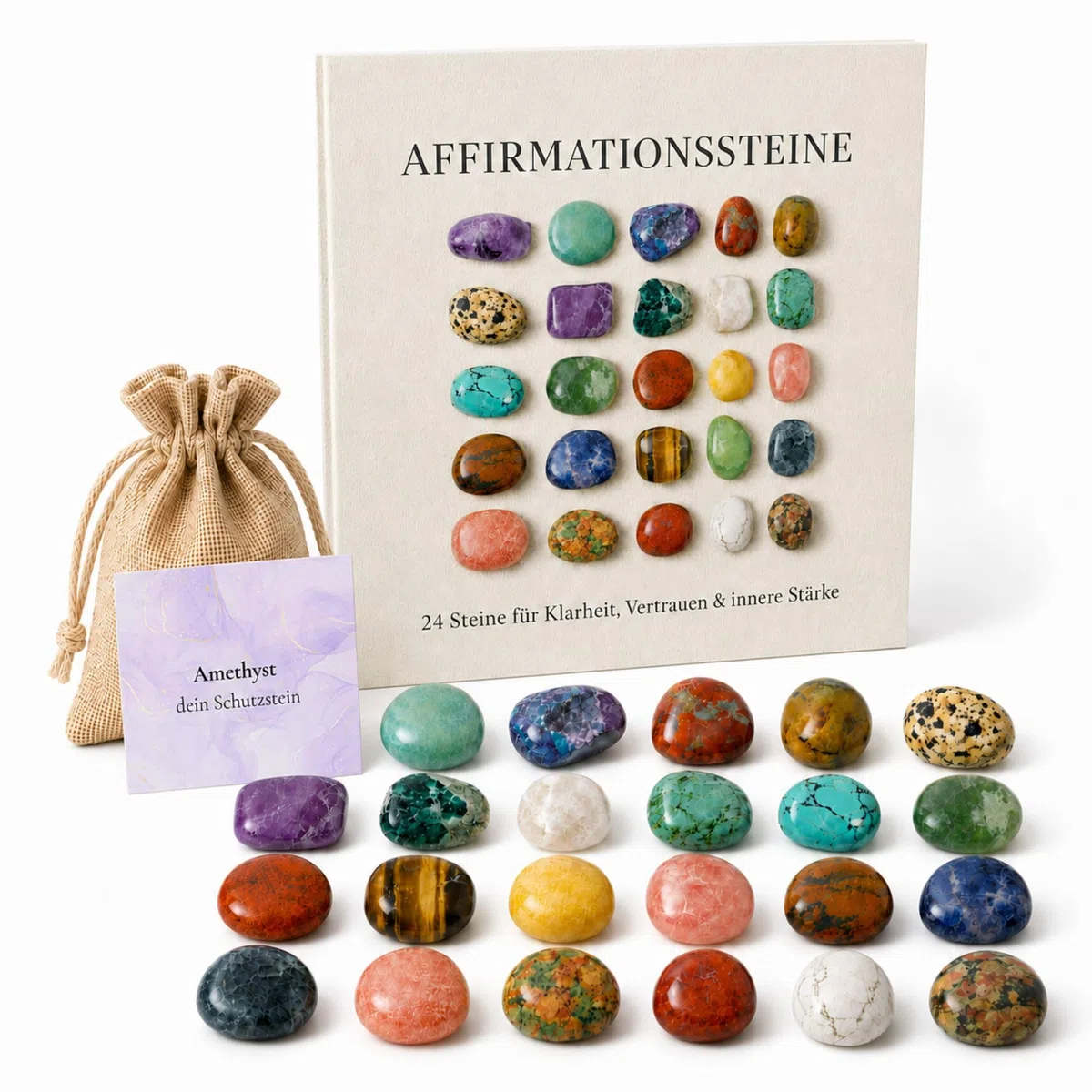 Milaboo Affirmationssteine Set – 24 Edelsteine mit Bedeutung & Karten – Geschenkset im Jutebeutel – Achtsamkeit, Motivation, innere Stärke – Geschenk für unterschiedliche Anlässe (24er Set 1)
