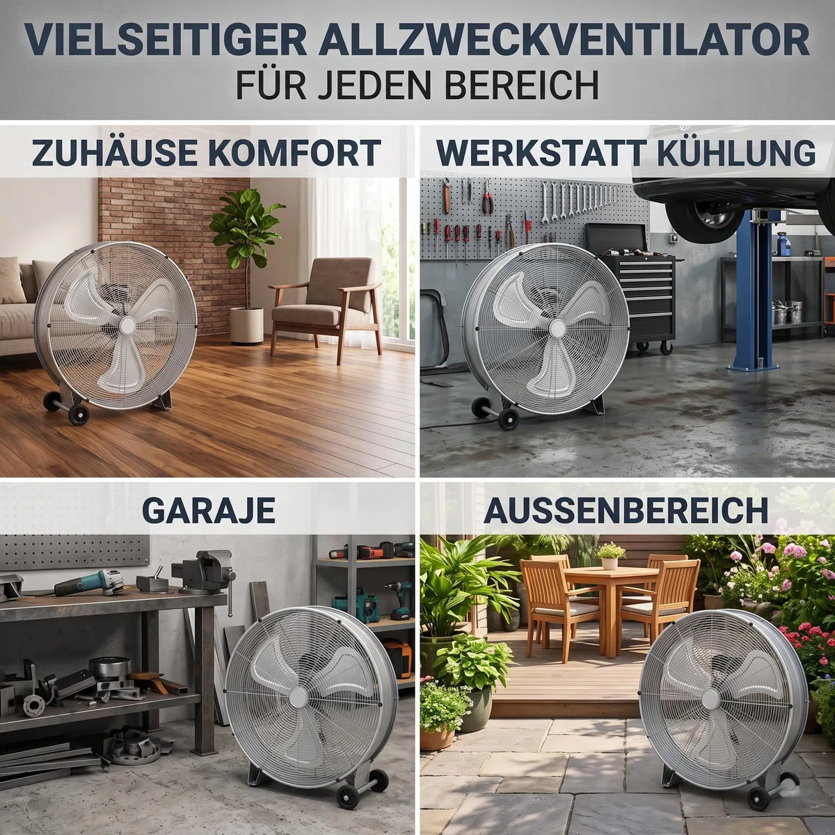 Gecheer Trommelventilator Neigbar mit 2 Rädern, Aluminium, 79x37x82 cm | 3 Geschwindigkeitsstufen, 3 Metallflügel, Leichte Reinigung für Innen- und Außenbereich Werkstatt Garage Halle