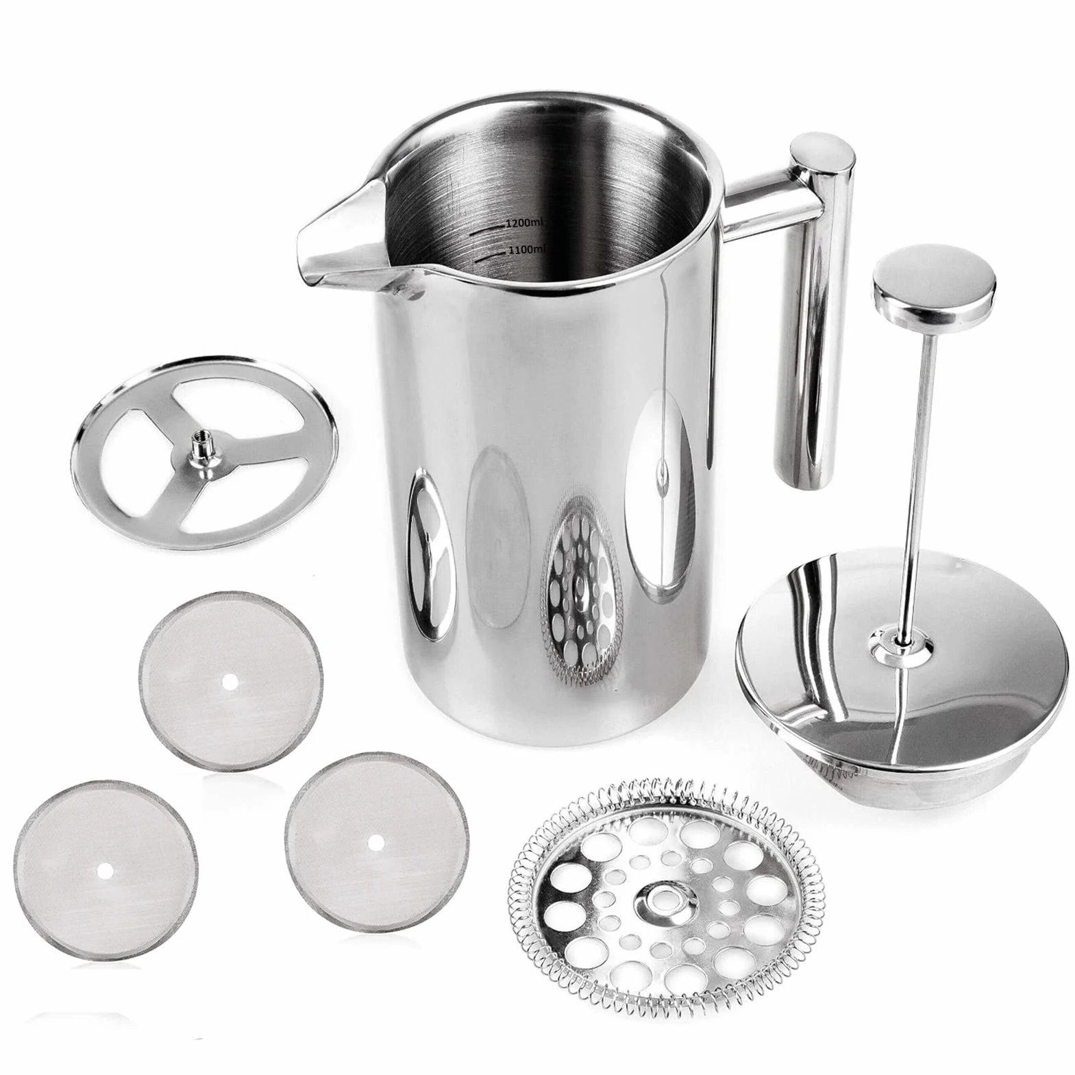 Kaffeebereiter French Press 1,5 Liter Kaffeezubereiter aus Edelstahl, Doppelwandig Isoliert French Press Caffettiera Kaffeekanne mit 2 Extra Sieben, Silber 1500ml