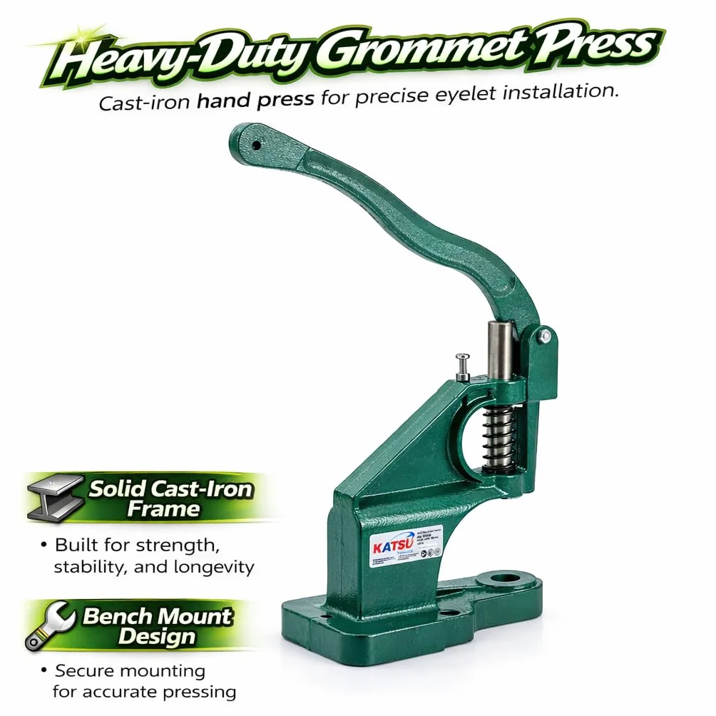 KATSU Ösenpresse, Handpresse Ösenmaschine Ösenstanze Nietenpresse Druckknopfpresse Ösenzangen mit 3 Matrizen (6mm/10mm/12mm) und 1500 Stück silberne Ösen für Leder Handwerk Vorhänge