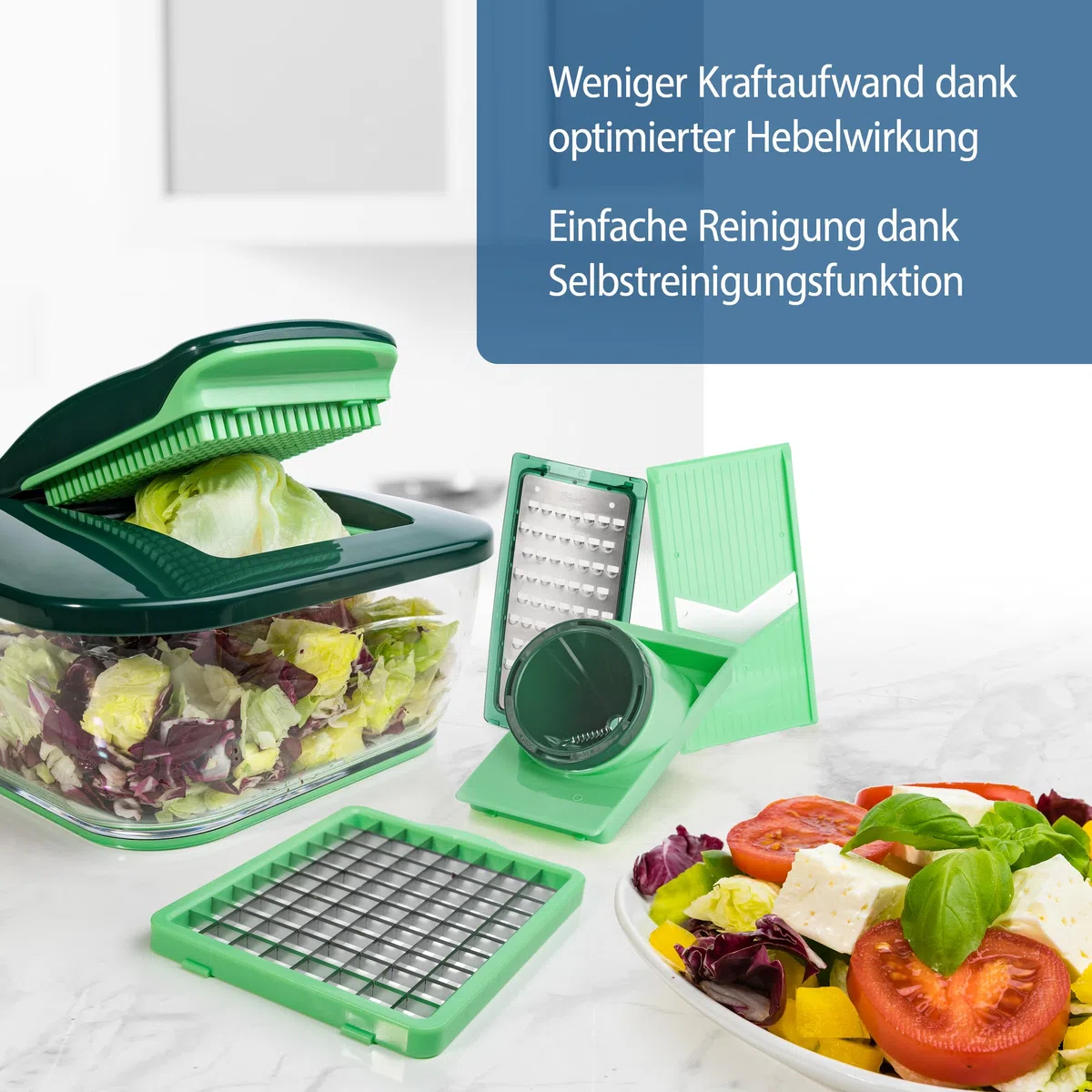 Genius Nicer Dicer Chef (15 Teile) | Obstschneider, Gemüseschneider, Zwiebelschneider, Zerkleinerer, Gemüsehobel, Mandoline, Grün