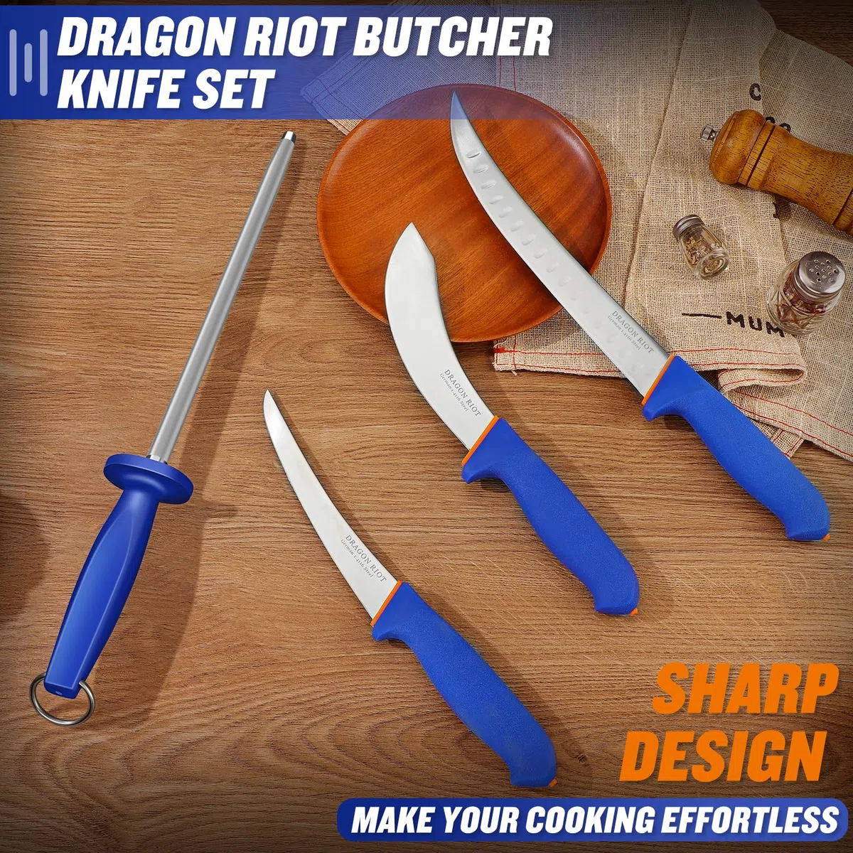 DRAGON RIOT Fleischmesser Set extrem Scharf, Kochmesser Set Enthält ein Ausbeinmesser Profi, ein blaue fleischmesser, ein Metzgermesser und einen Wetzstahl, Messerset für Fleisch und BBQ