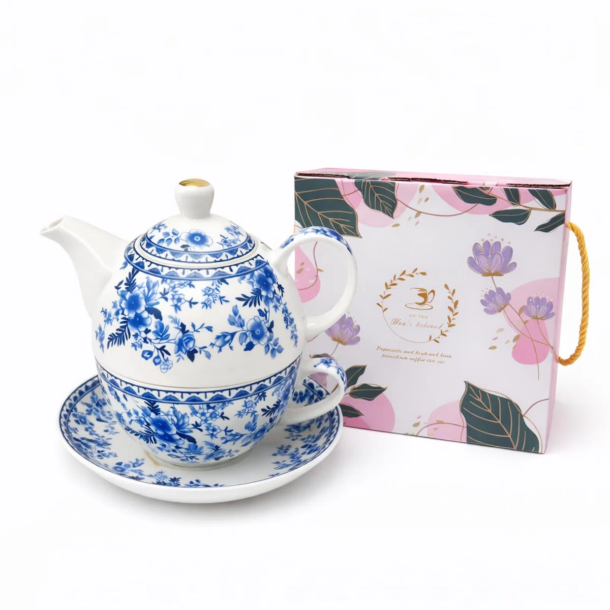 Porcelain Tea for One Set Beautiful Flower Ceramic Teapot with Cup Gifted Box (Blue and White)