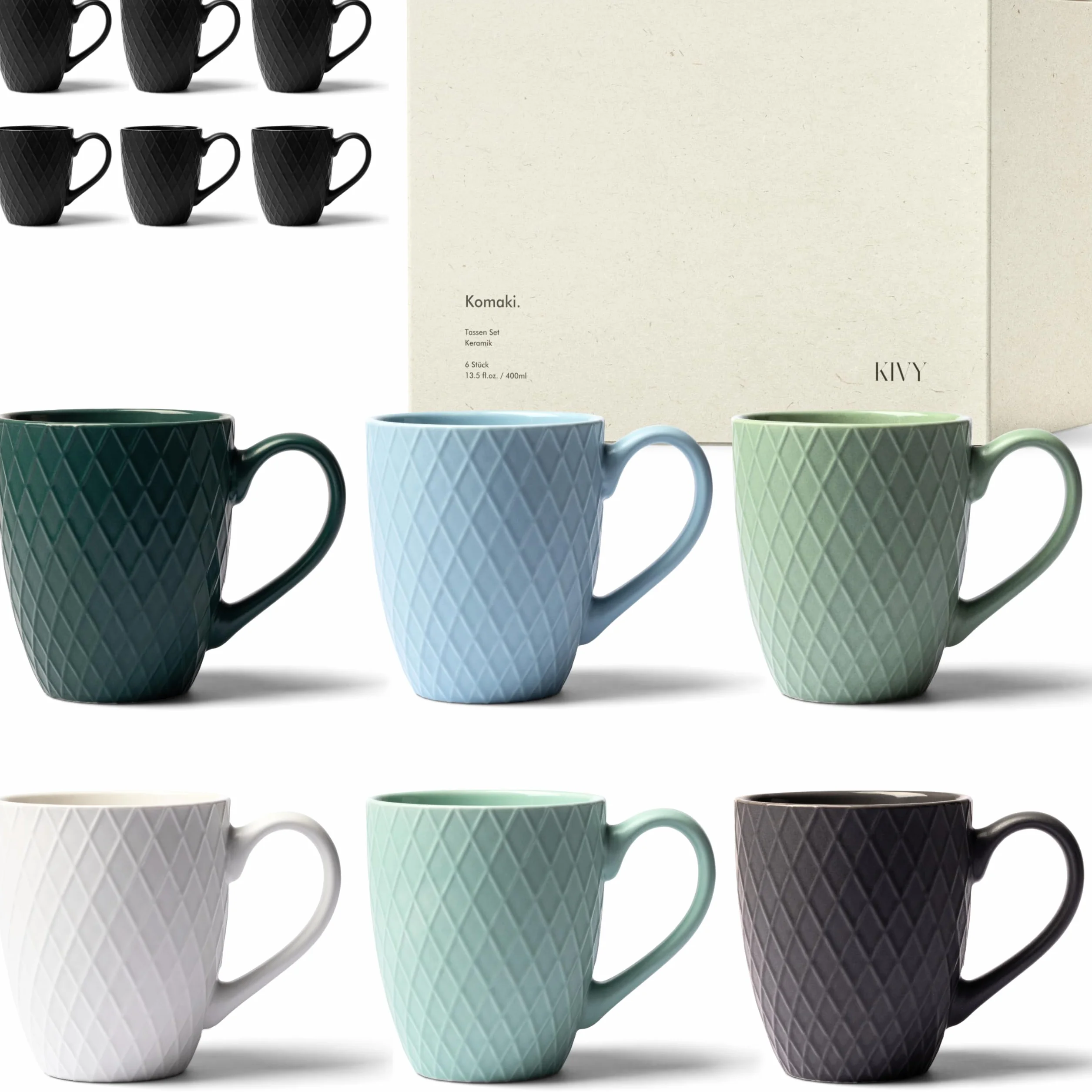 KIVY Tassen Set 6er x 400ml - Große Kaffeetassen Set 6er - Kaffeetasse groß - Teetassen Set - Kaffee Tassen Sets - Kaffeebecher Keramik Becher Bunt - Bechersets - Kaffeepott Modern - Kaffeehäferl