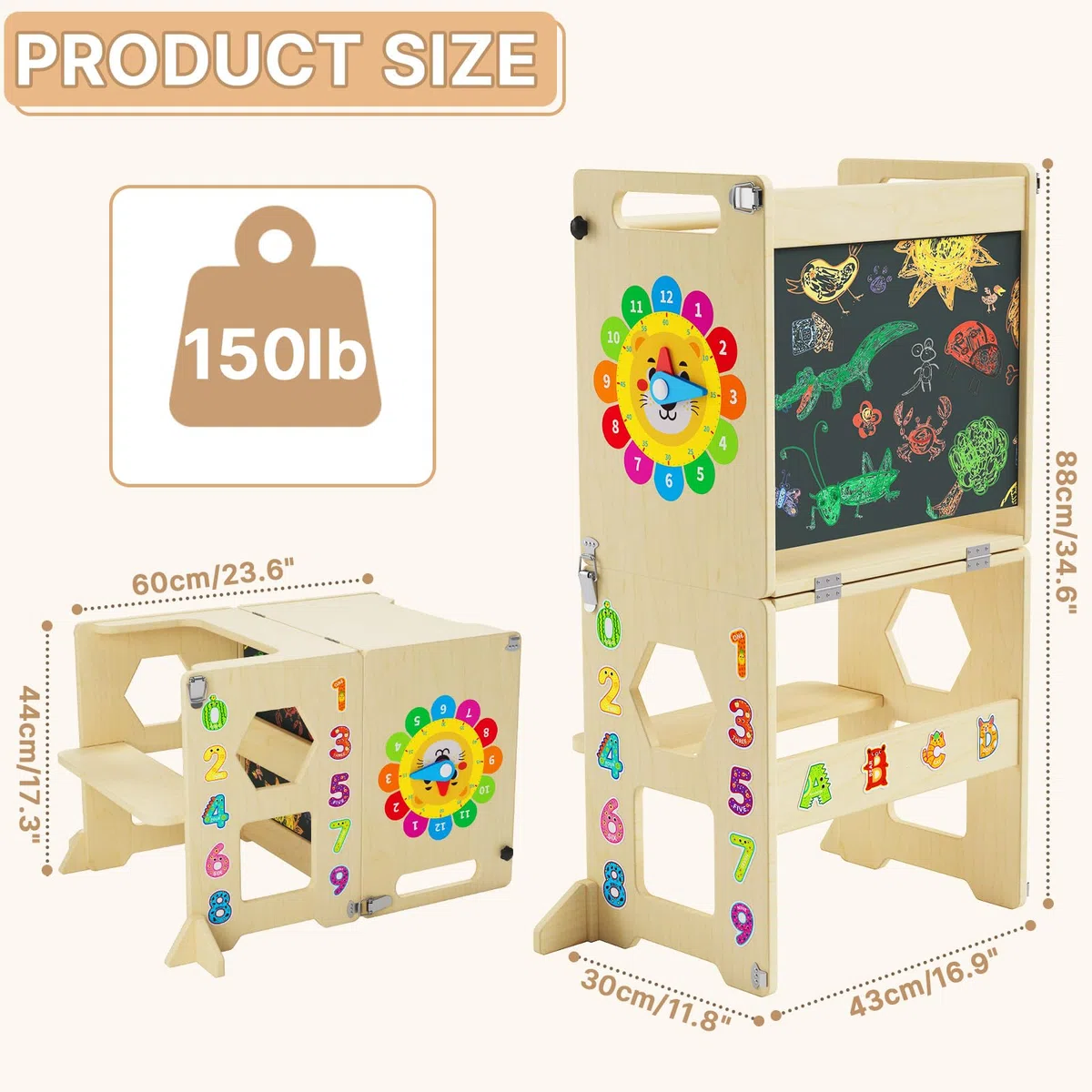 Lernturm ab 1 Jahr | 4-in-1 Lernturm Klappbar für Kinder |Learning Tower mit Tafel und Lernuhr aus Holz | Küchenhocker für Kleinkinder | Aus Nachhaltigem Holz | Stabiler Montessori