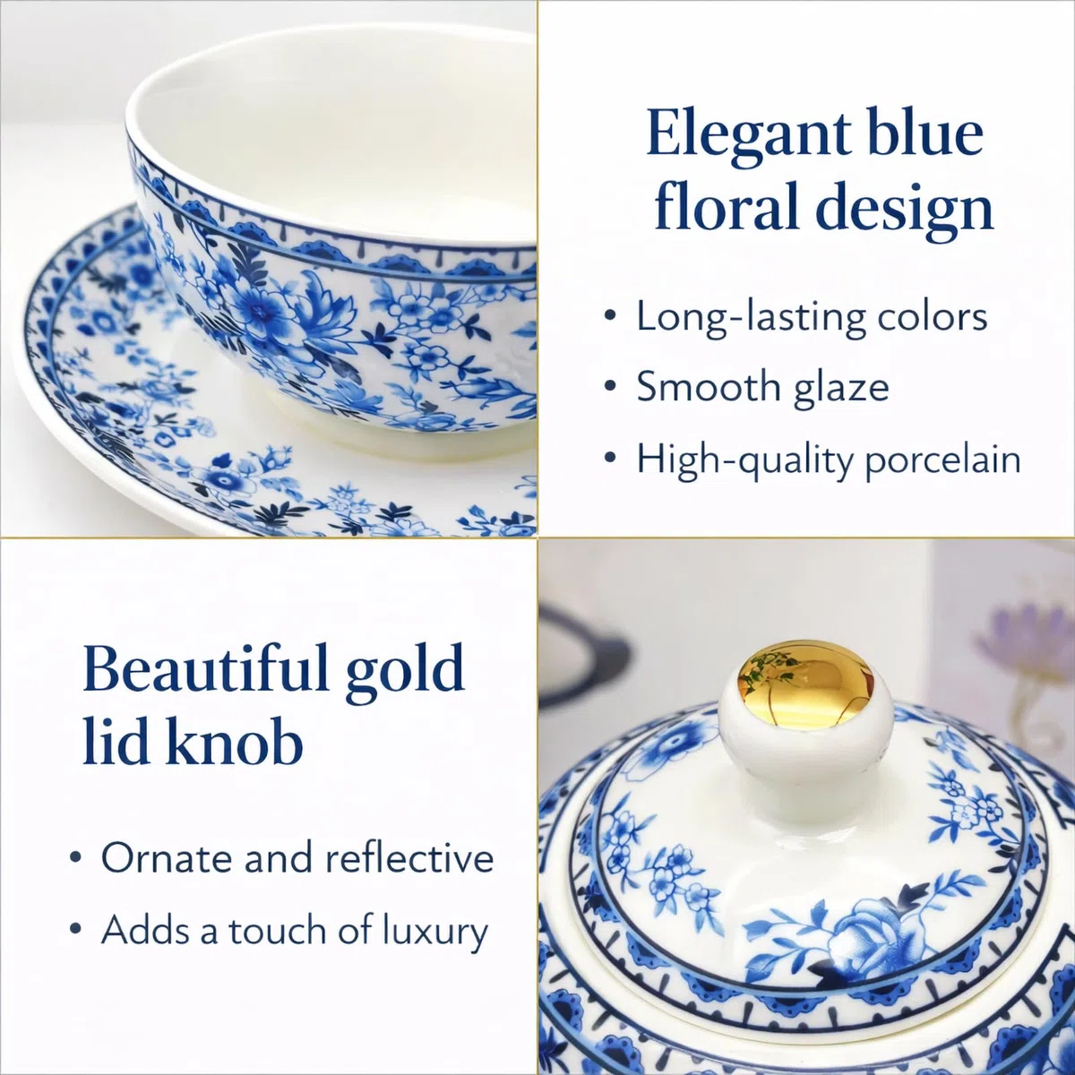 Porcelain Tea for One Set Beautiful Flower Ceramic Teapot with Cup Gifted Box (Blue and White)