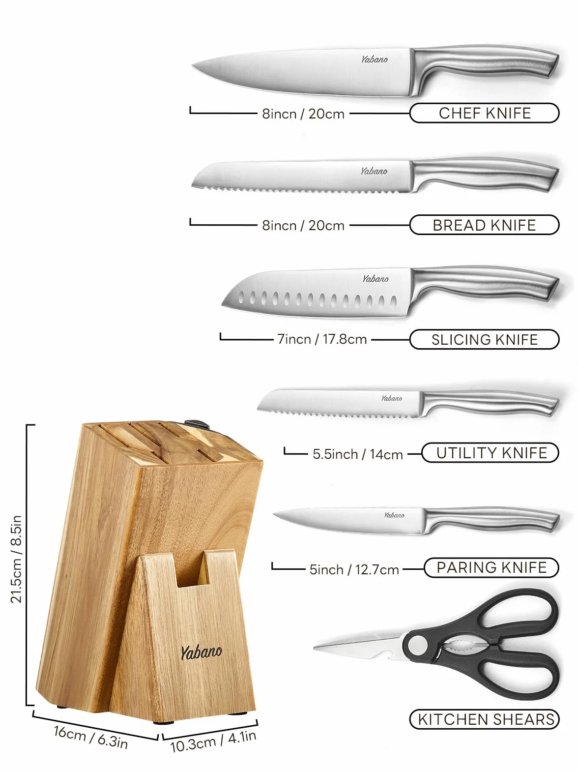 Messerblock Set, 7-teiliges Küchenmesserset aus Edelstahl mit integriertem Schärfer, Profi Küchenmesser Set mit Schere und Block, Scharfe Messer für Zuhause