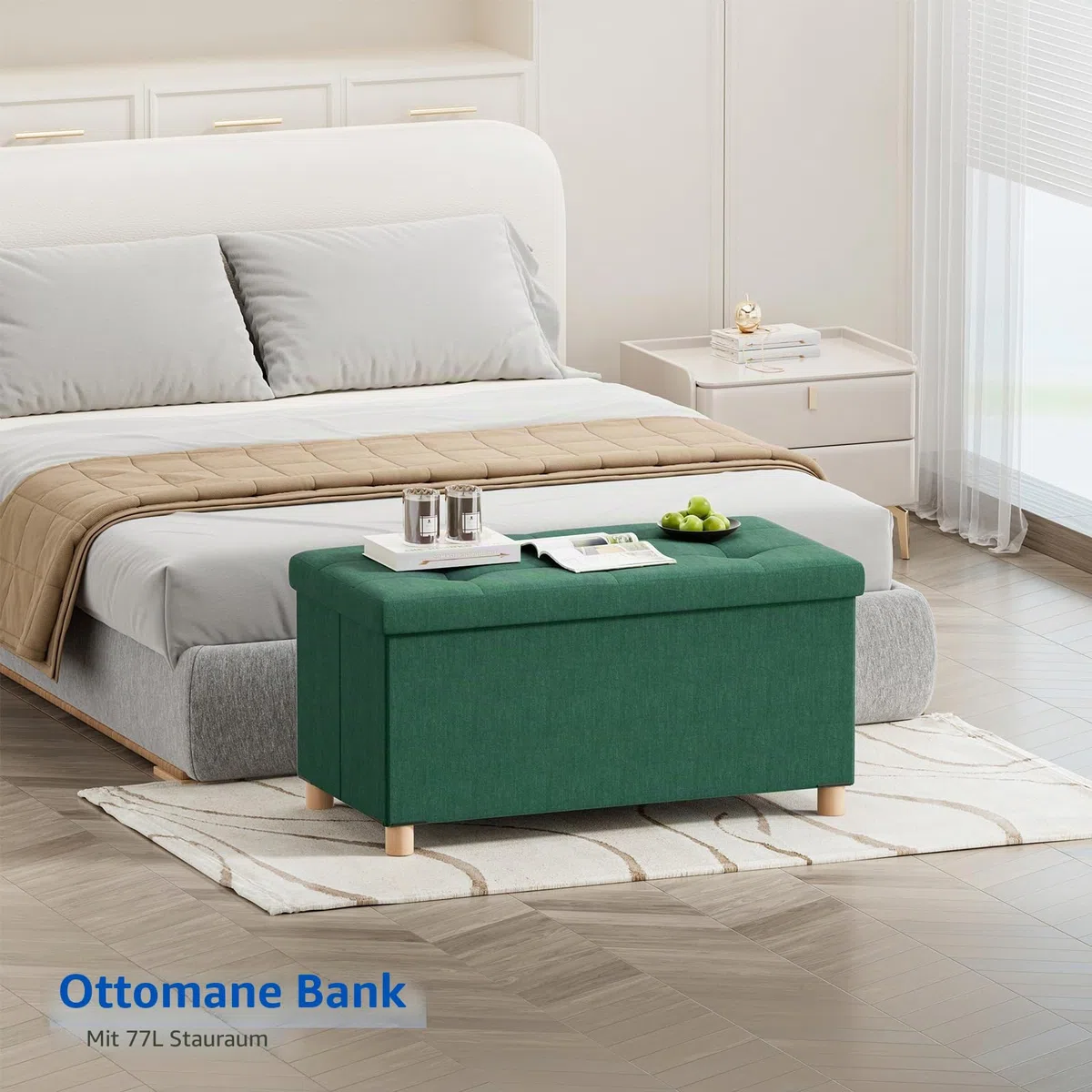 BRIAN & DANY Ottoman-Aufbewahrungsbox mit 4 Holzbeinen, Leinen-Aufbewahrungs-Ottoman für Wohnzimmer, Dunkelgrün, 76x38x38 cm