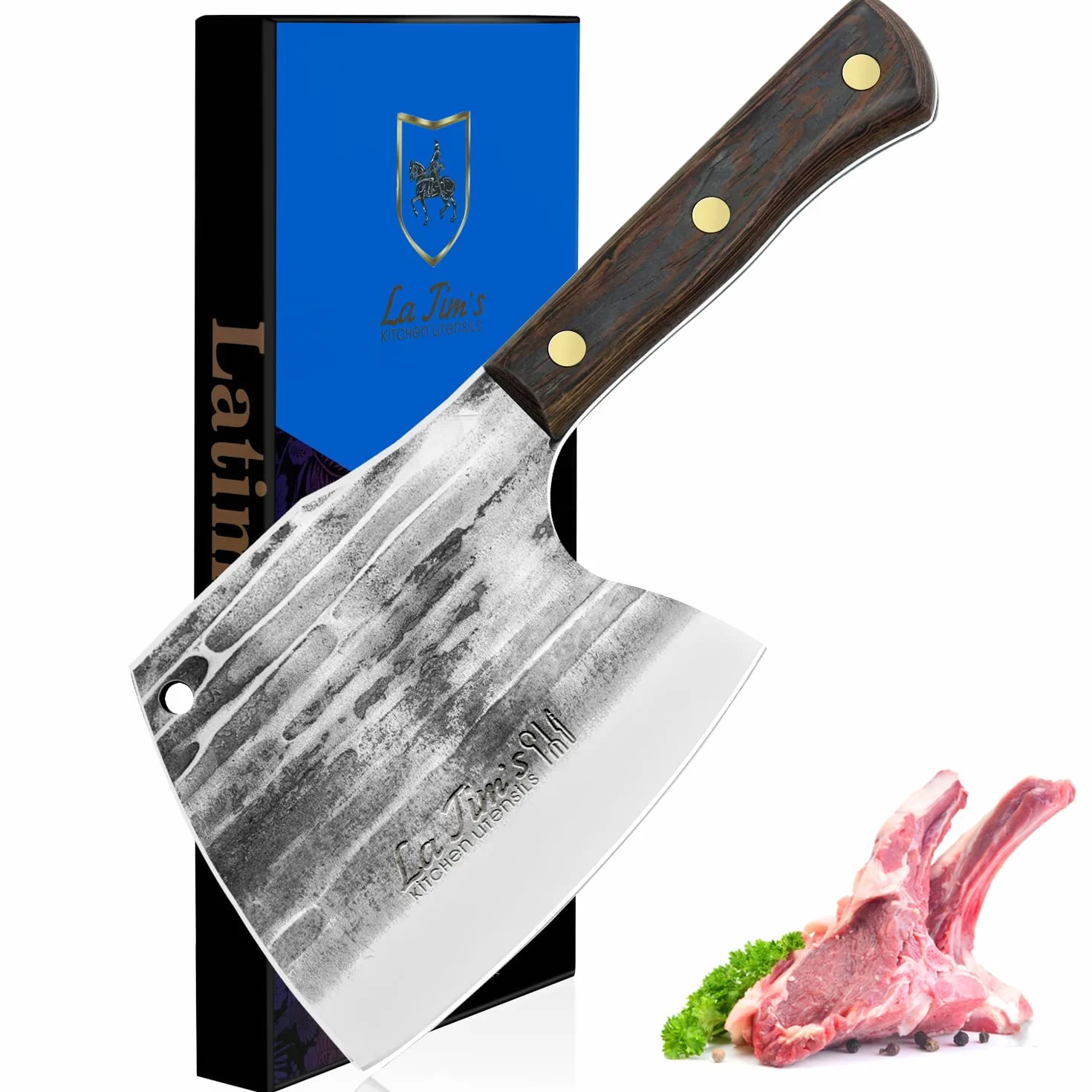 LA TIM'S Hackmesser, 0,85KG schweres Hackbeil, handgeschmiedetem Kohlenstoffstahl Fleischbeil, Fleischermesser zum Hacken von Knochen, Massivholzgriff