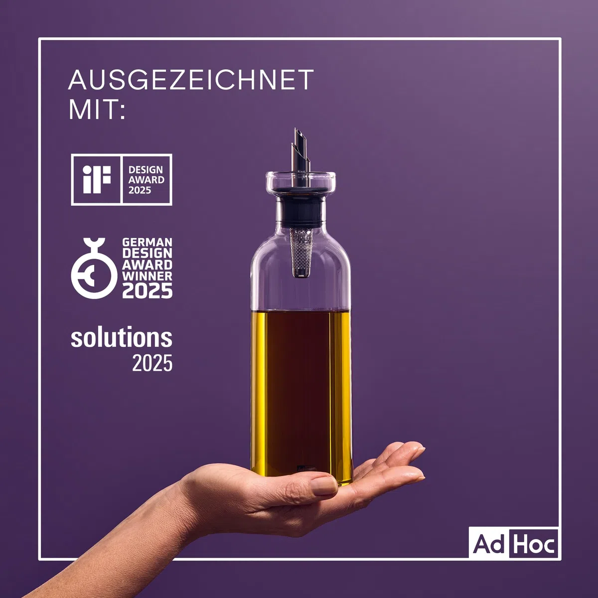 AdHoc BZ82 Ölspender oder Essigspender AromaPour aus Borosilikatglas | elegante Olivenölflasche mit Ausgießer aus Edelstahl | ideal auch für Kürbiskern-Öl oder Essig | luftdicht, 500 ml