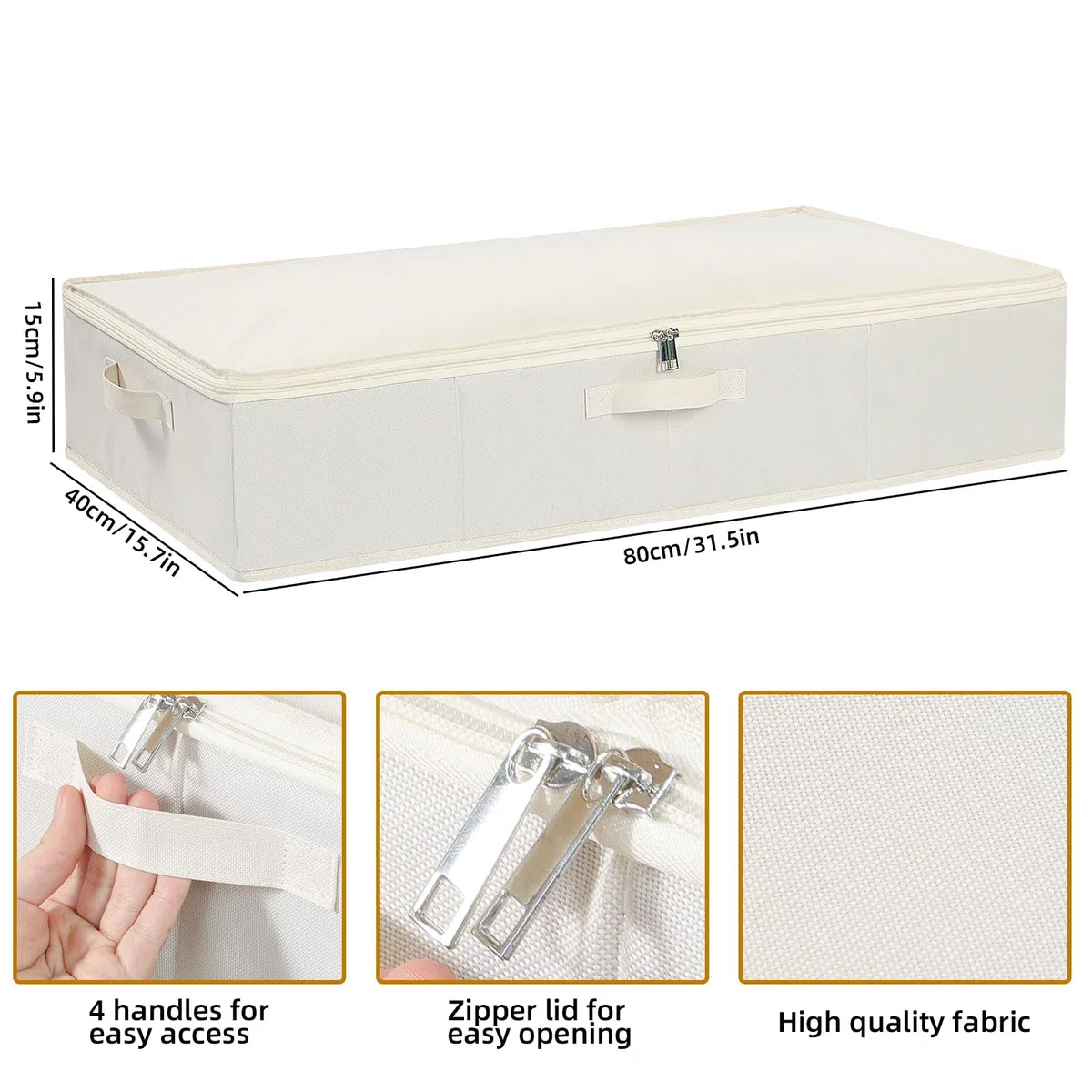 2 Stück Unterbettbox, Unterbett Aufbewahrungsbox mit deckel, Faltbare Stoffboxen mit Verstärktem Griff und Reißverschluss für Bettdecken Decken Kleidung, Beige, 80x40x15cm
